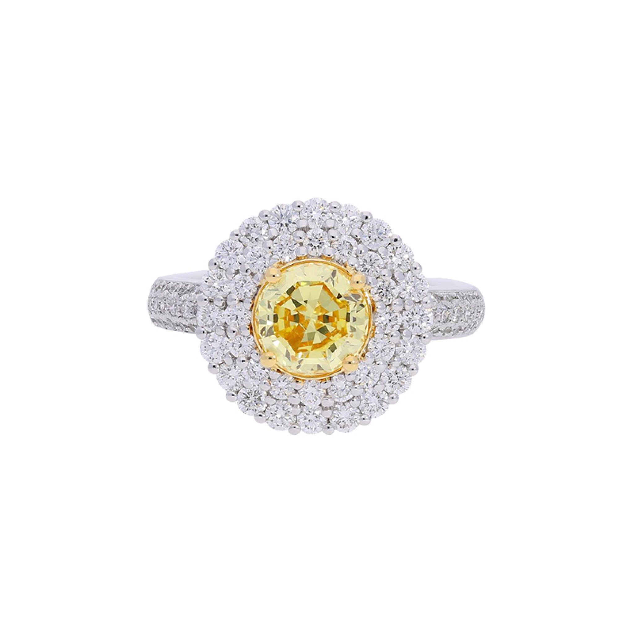 White Gold, Gold 1.65ct Round Brilliant Cut Fancy Intense Yellow Diamond and Diamond Ring  — view 1