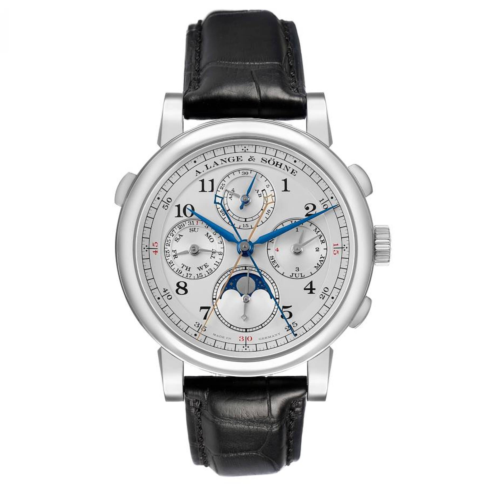 1815 Rattrapante (Reference 421.025FE). A 41.9mm platinum manual wind wristwatch with date, day, month, chronograph, moon phase, and perpetual calendar. 2015 — view 1