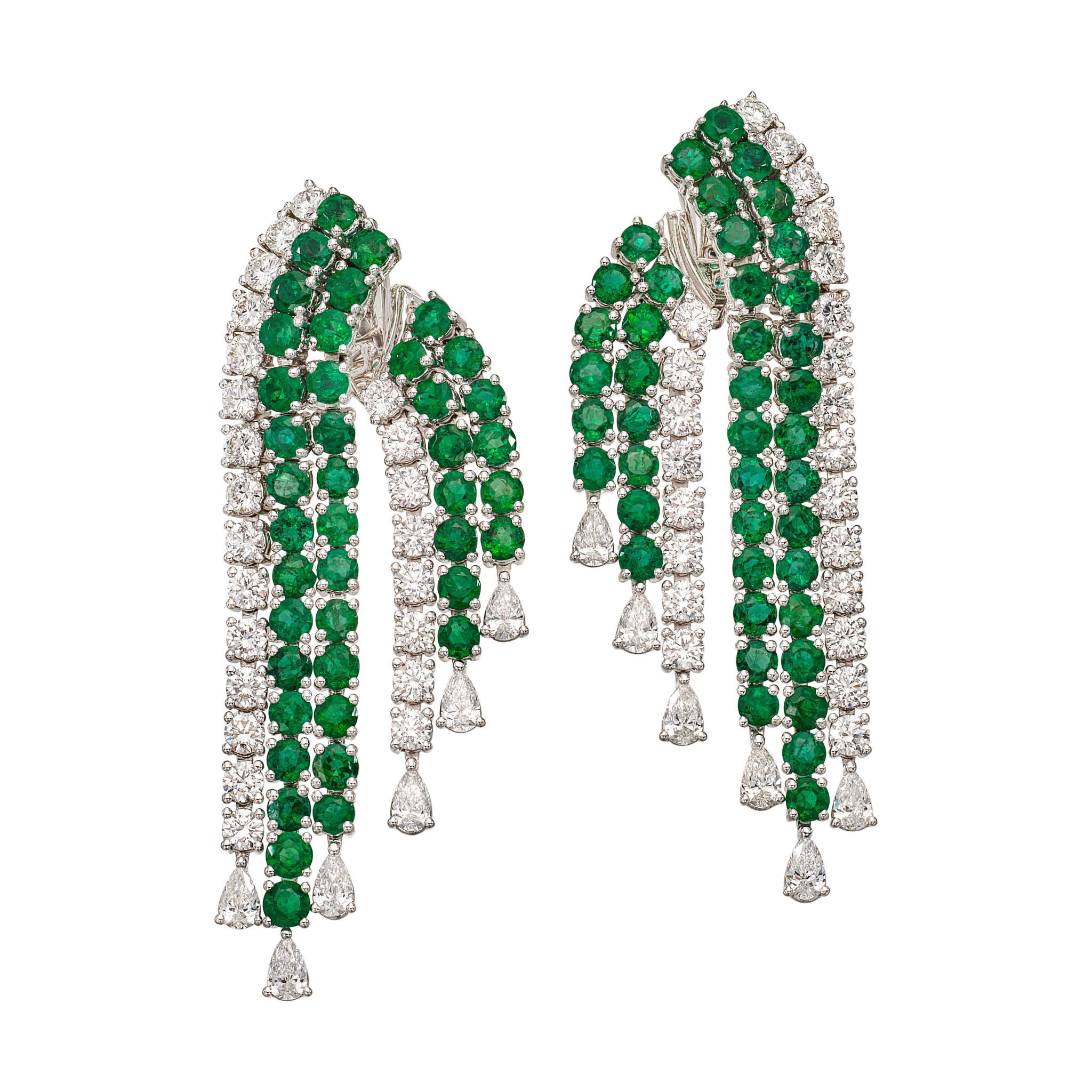 White Gold, Emerald and Diamond Chandelier Earclips — view 1