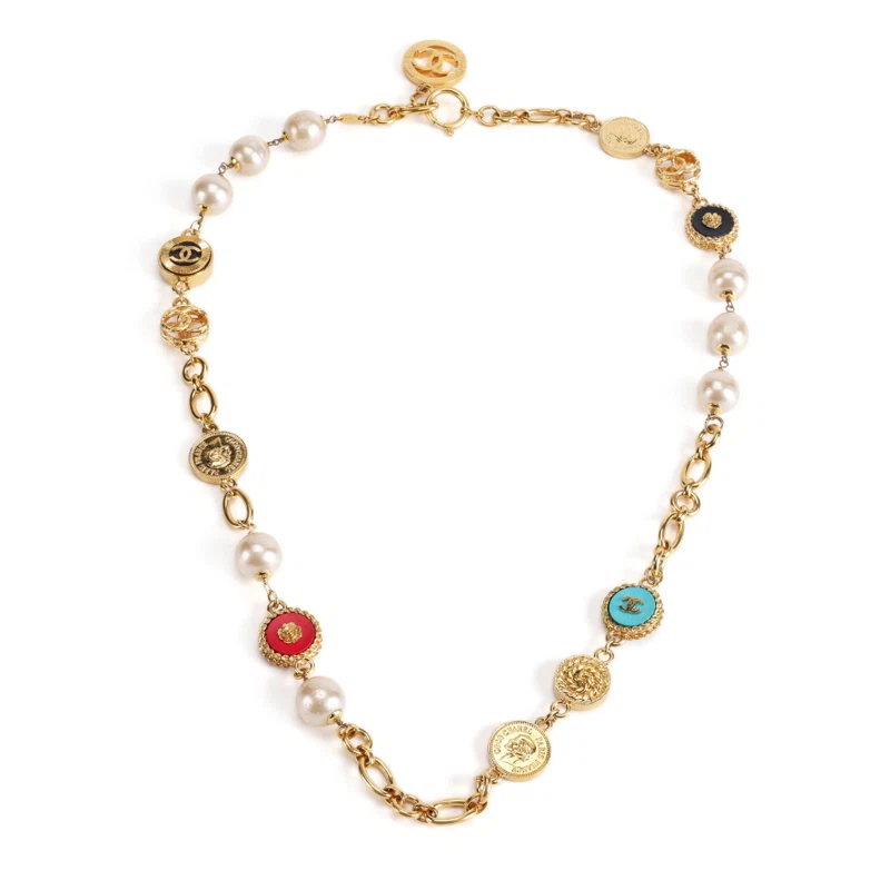 Blue, Red and Black Resin Imitation Pearl CC Logo Coin Charm Station Necklace, 1990s