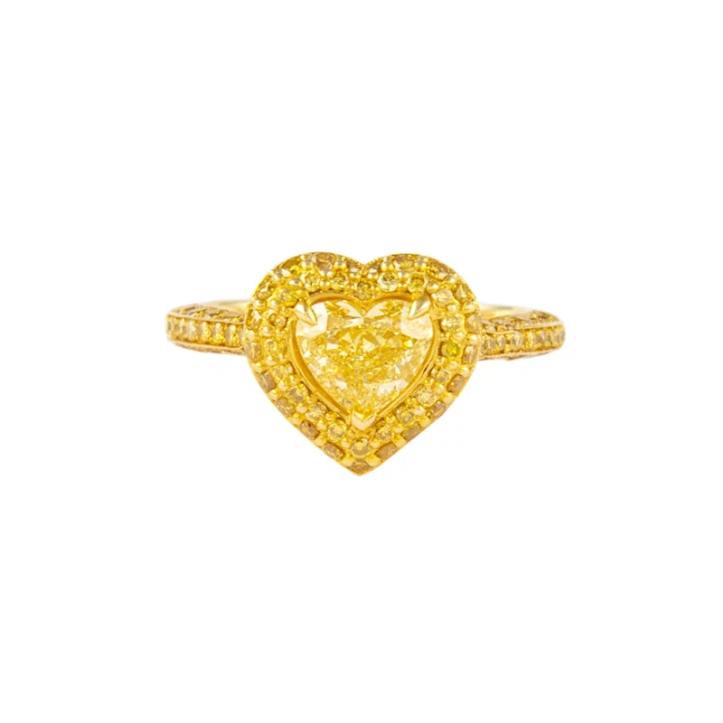 Gold and 0.90ct Heart Shape Fancy Intense Yellow Diamond Ring
