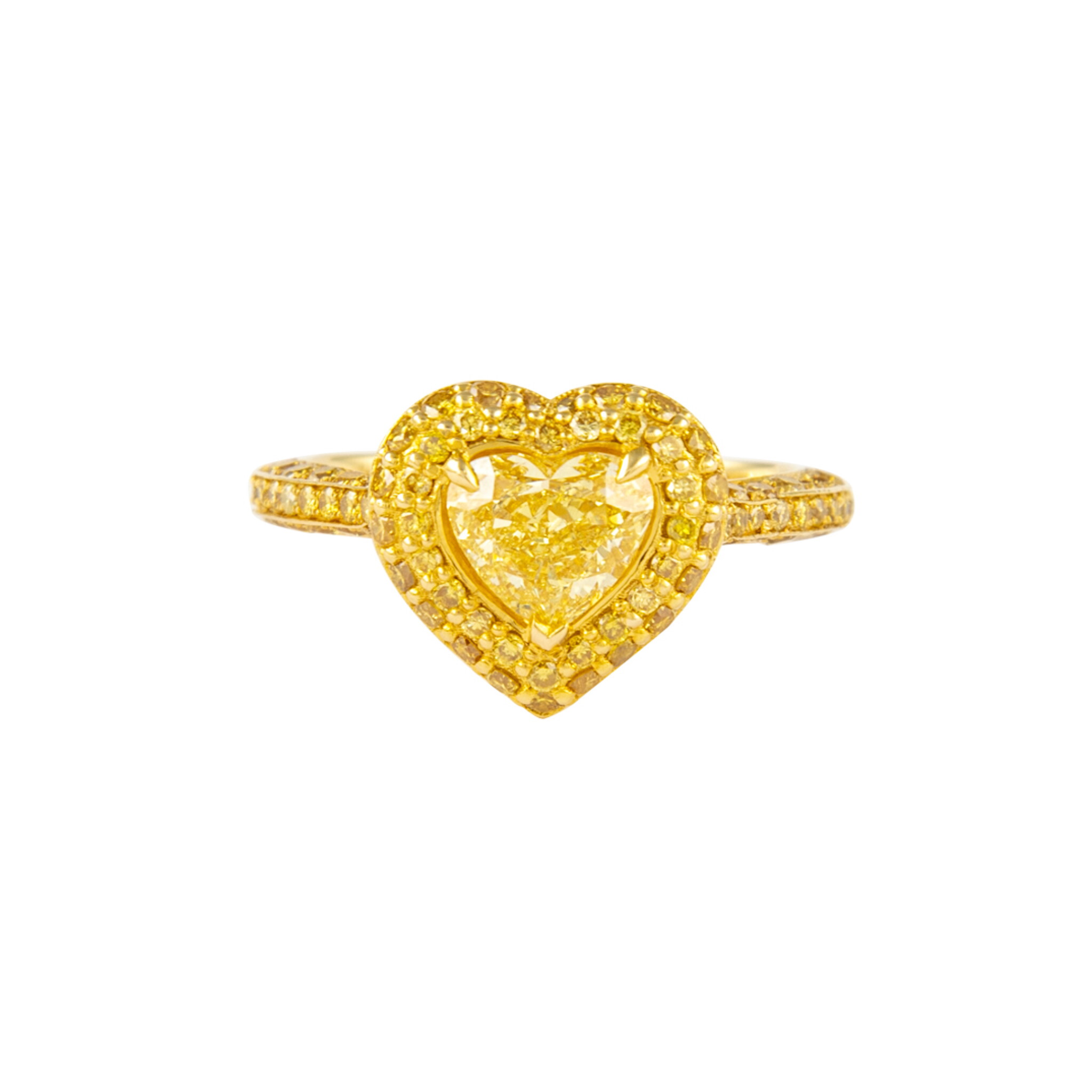 Gold and 0.90ct Heart Shape Fancy Intense Yellow Diamond Ring — view 1