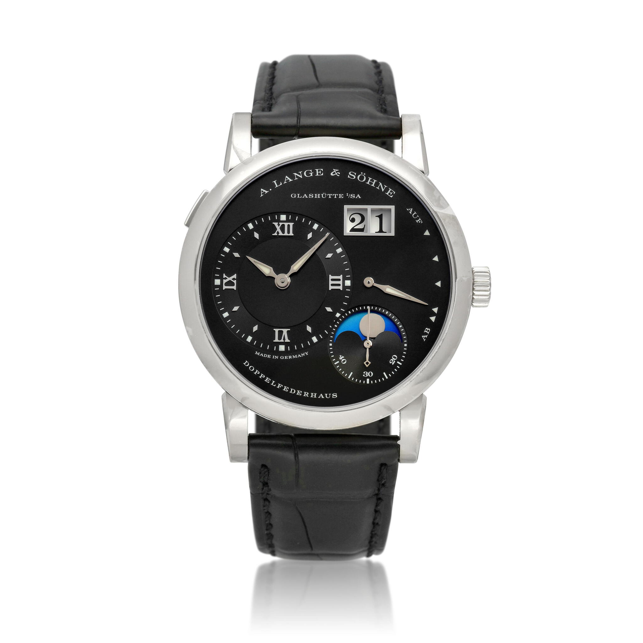 Lange 1 Moon phase (Reference 192.029). A 38.8mm white gold manual wind wristwatch with date, power reserve indication, and moon phase. 2022 — view 1