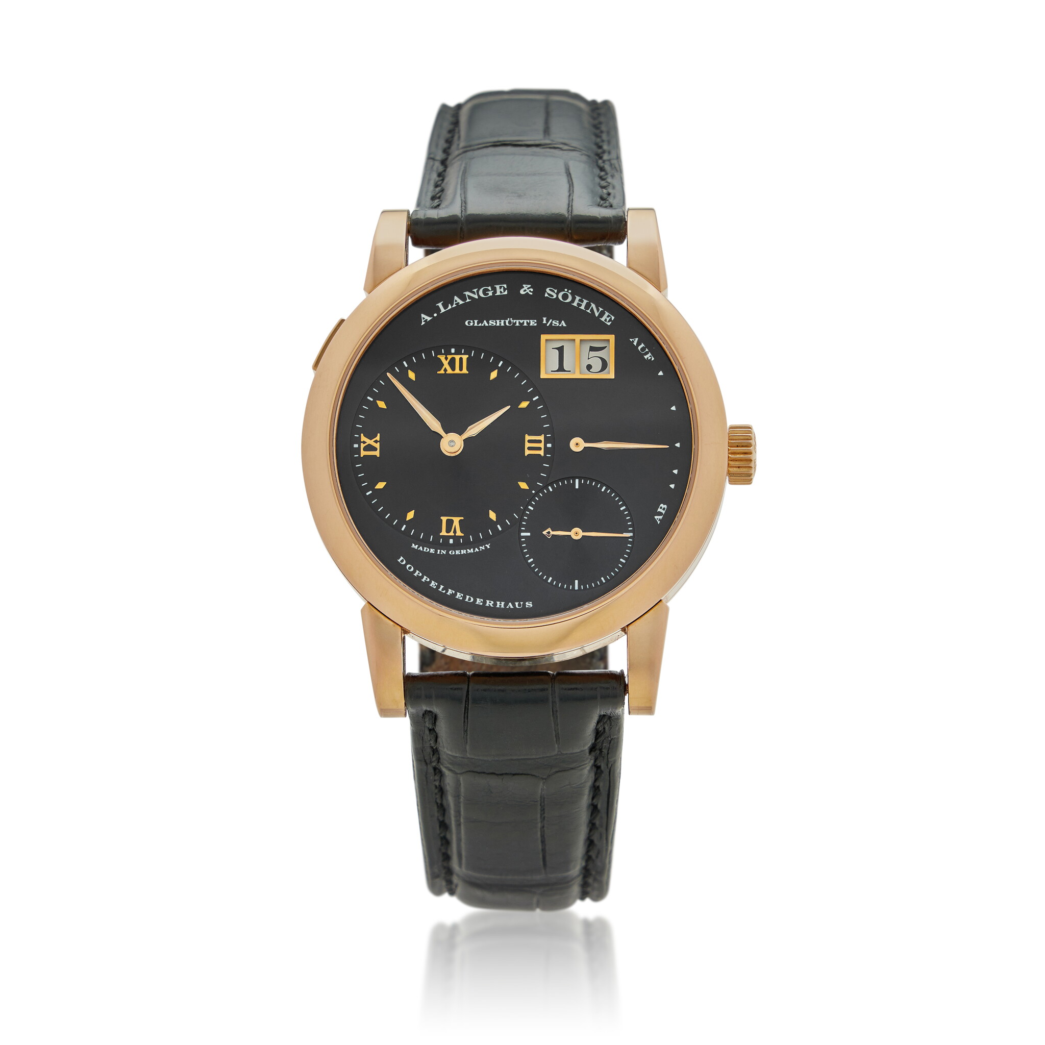Lange 1 (Reference 101.031). A 38.5mm rose gold manual wind wristwatch with date and power reserve. 2004 — view 1