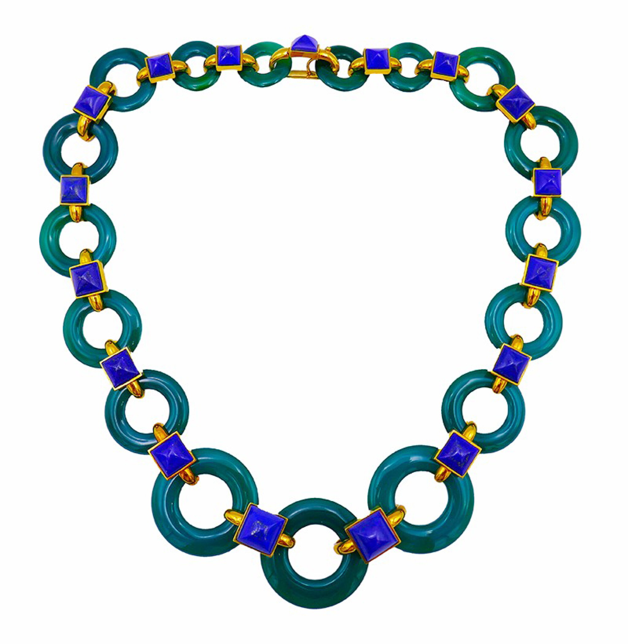 Vintage Gold, Chrysoprase and Lapis Lazuli Link Necklace — view 1