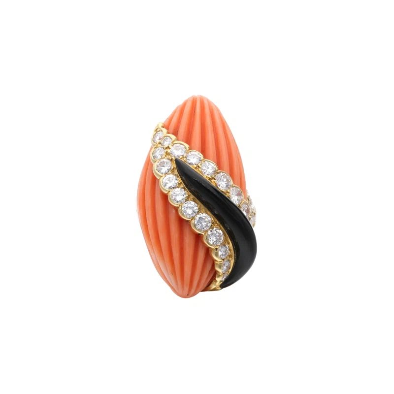 Gold, Coral, Onyx and Diamond Ring