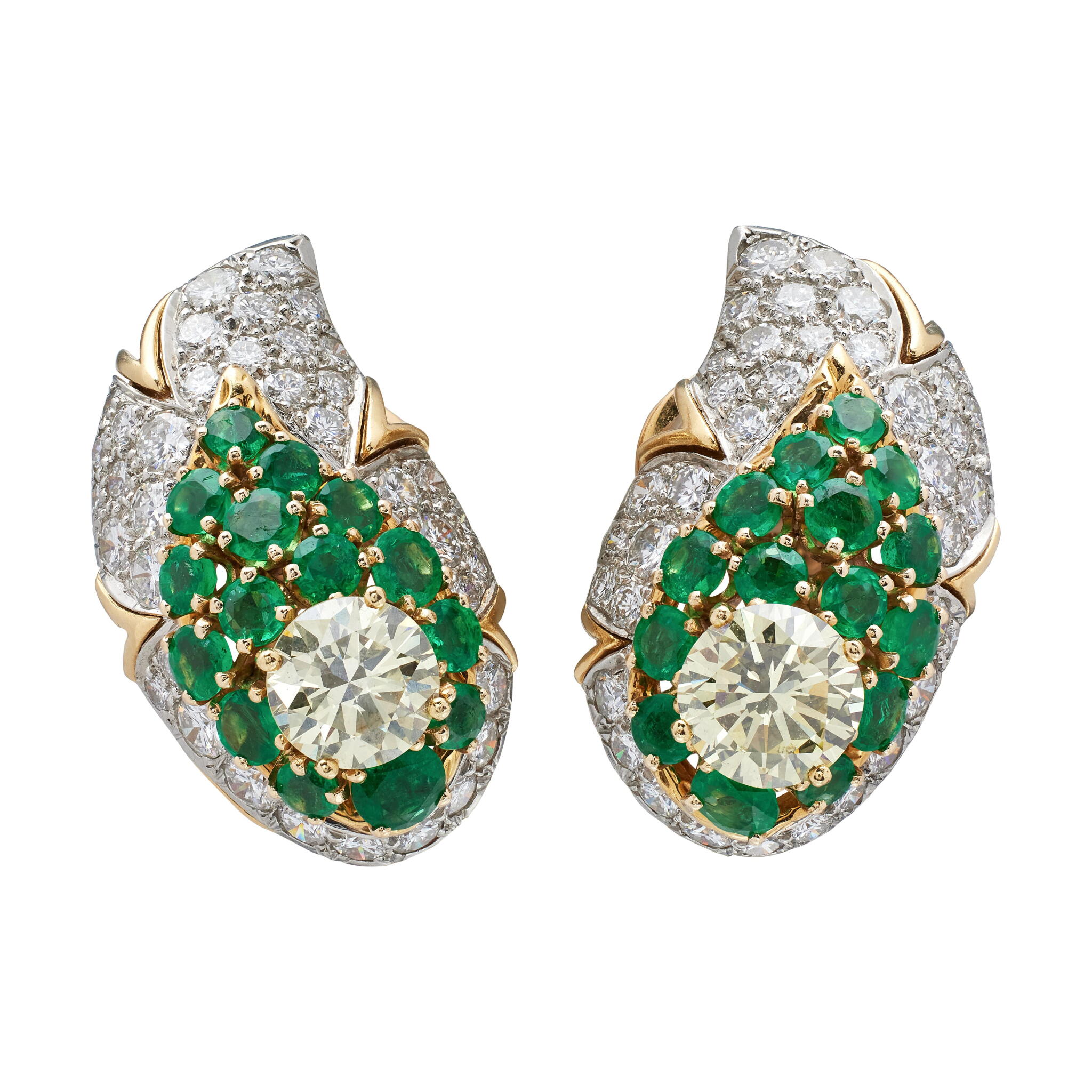Vintage Gold, Platinum, Emerald and Diamond Earclips — view 1