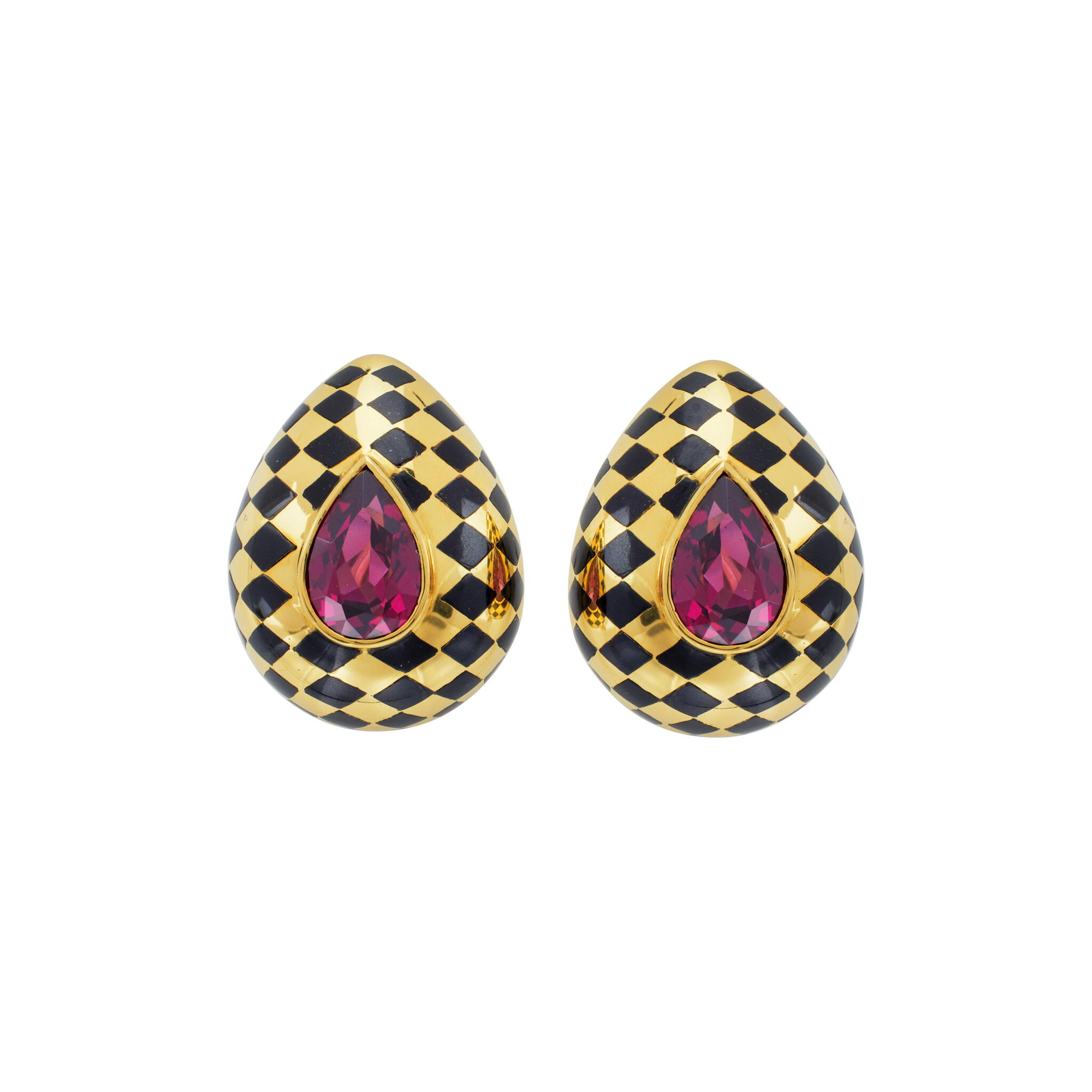 Vintage Gold, Garnet and Black Jade Earclips — view 1