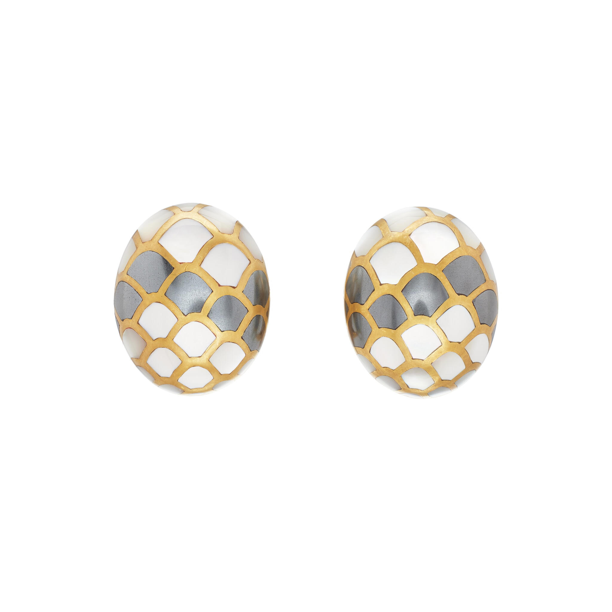 Vintage Gold, Mother of Pearl and Hematite Earclips  — view 1