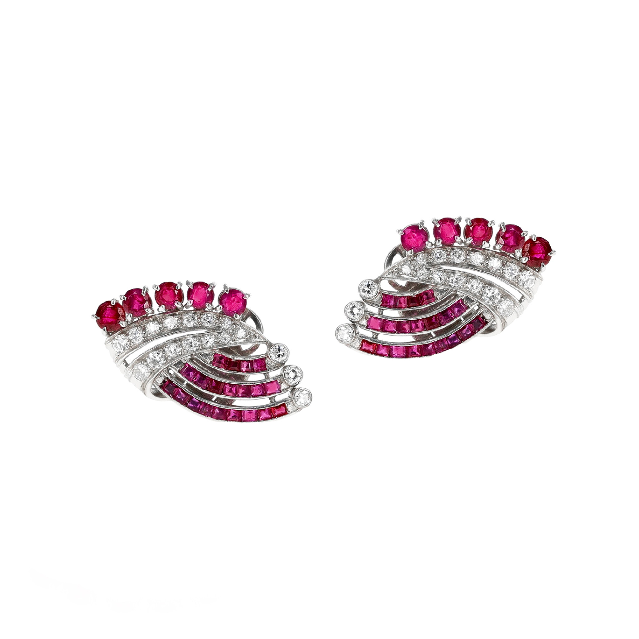 Art Deco Platinum, Ruby and Diamond Earclips — view 1