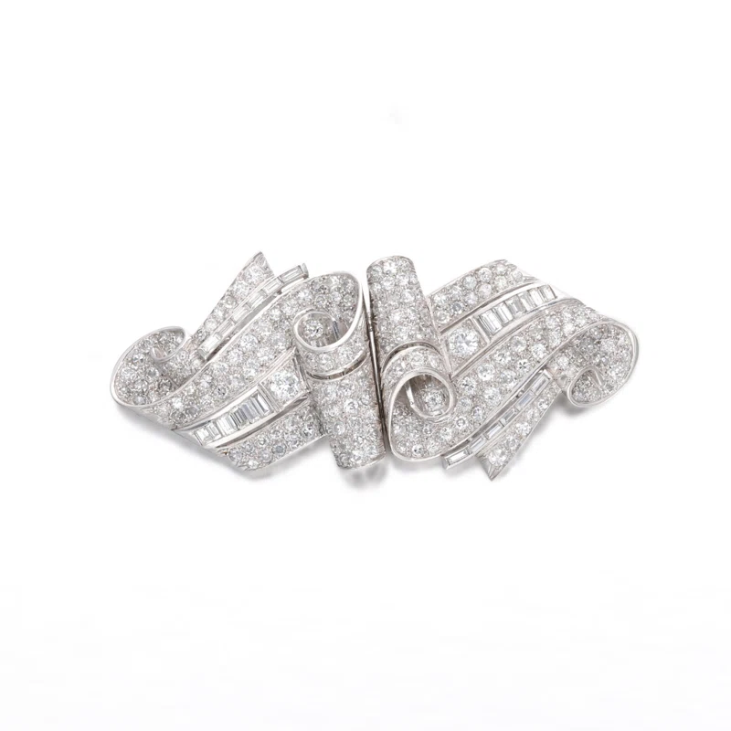 Art Deco Platinum, White Gold and Diamond Double Clip Brooch