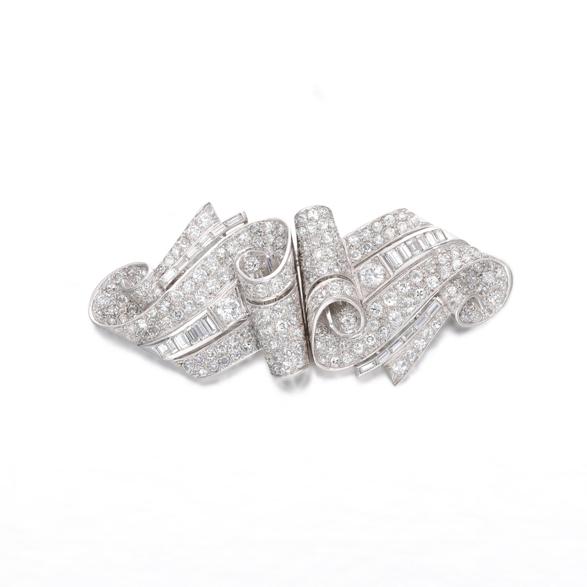 Art Deco Platinum, White Gold and Diamond Double Clip Brooch — view 1