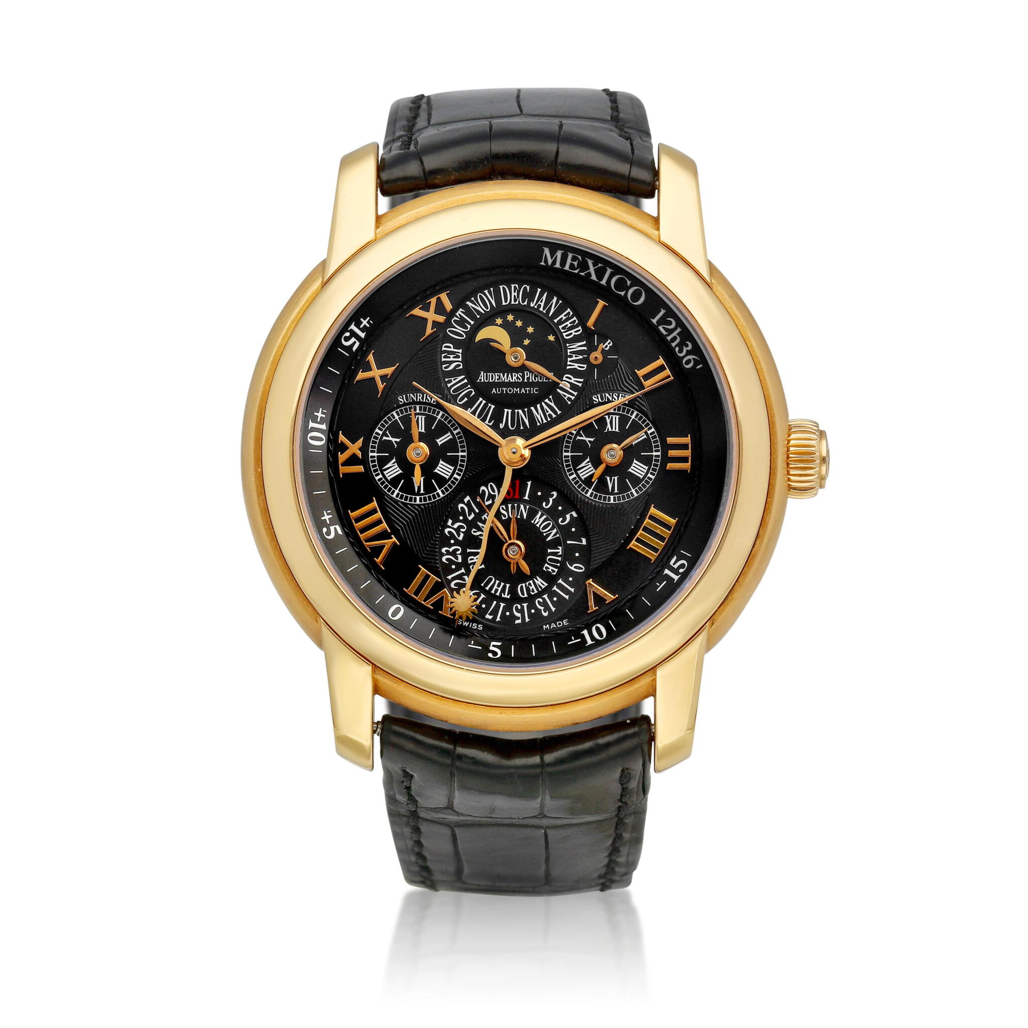 Jules Audemars Equation Du Temps, Mexico Edition (Reference 26003OR.00.D002CR.01003). A 43mm gold gold automatic wristwatch with perpetual calendar and equation of time. 2007 — view 1