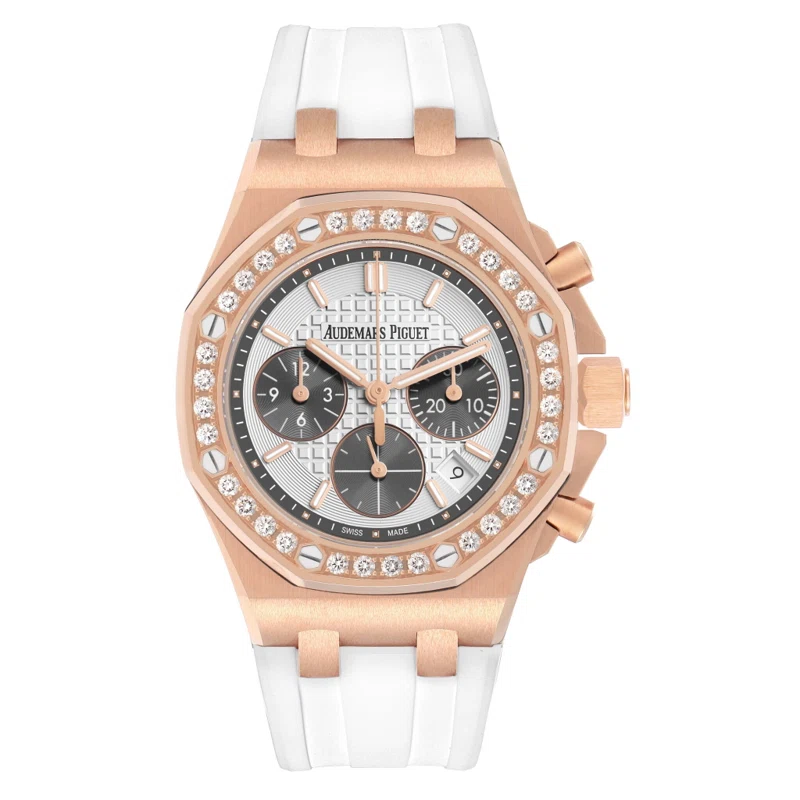 Royal Oak Offshore (Reference 26231OR). A 37mm rose gold diamond-set automatic wristwatch with date and chronograph.
