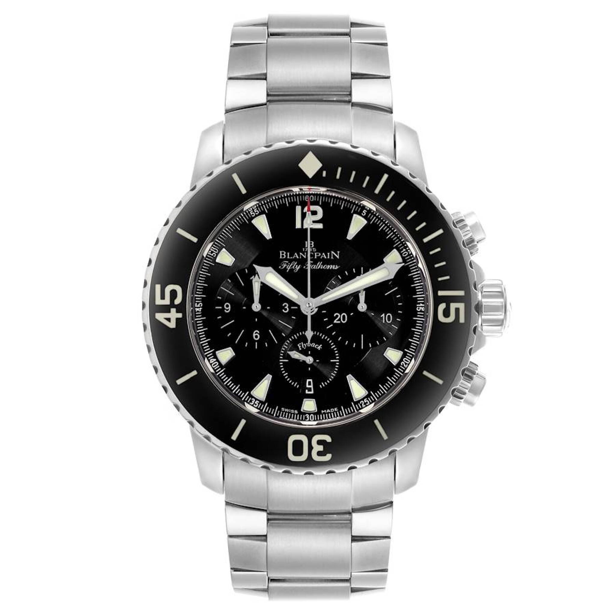 Fifty Fathoms (Reference 5085F-1130-71S). A 45mm stainless steel automatic wristwatch with date and flyback chronograph. 2010 — view 1