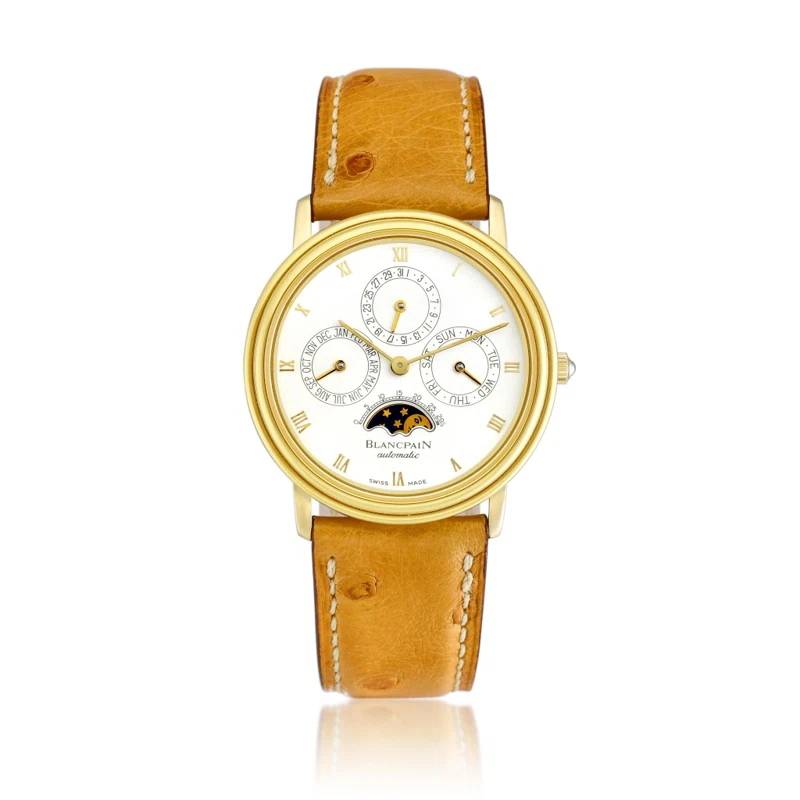 Villeret (Reference 5395.) A 34mm yellow gold automatic wristwatch with date, day, month, moon phase, and perpetual calendar. 1995