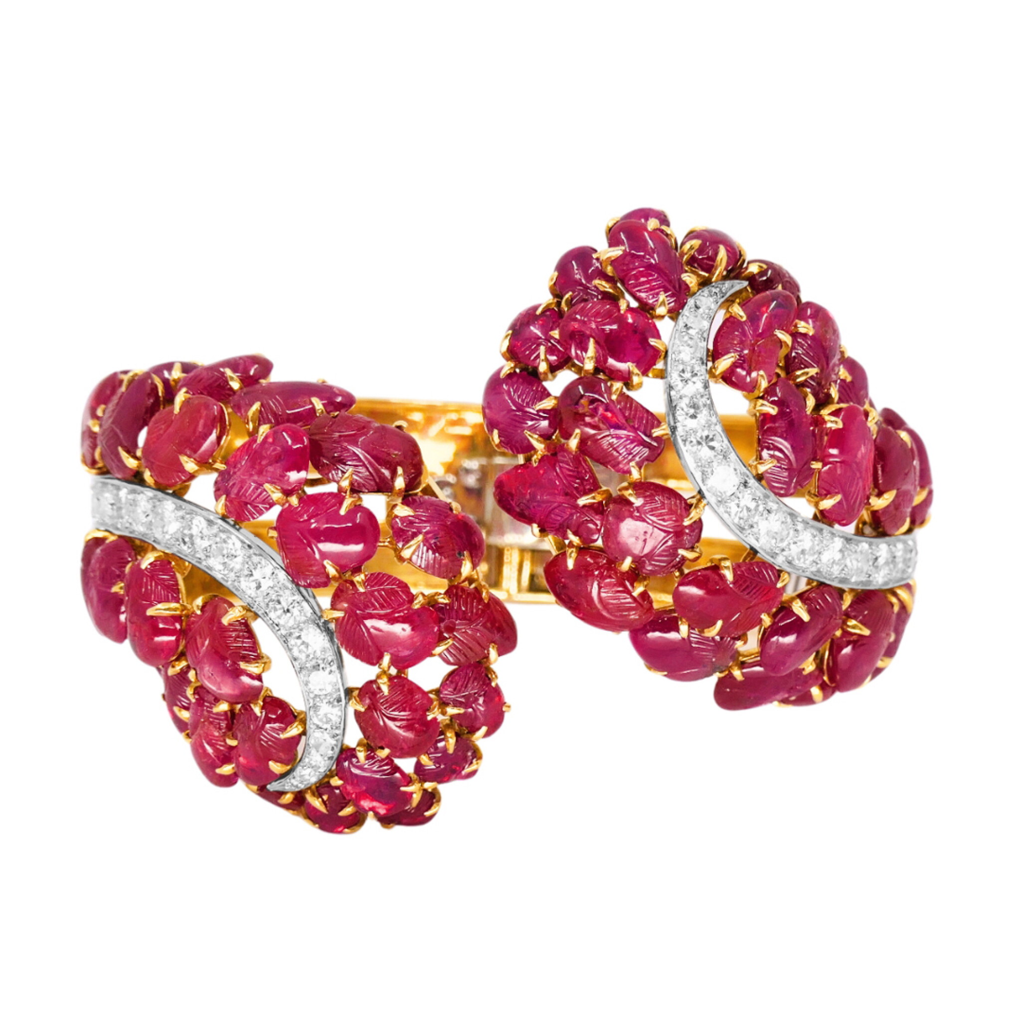 Vintage Gold, Platinum, Ruby and Diamond Cuff Bracelet — view 1