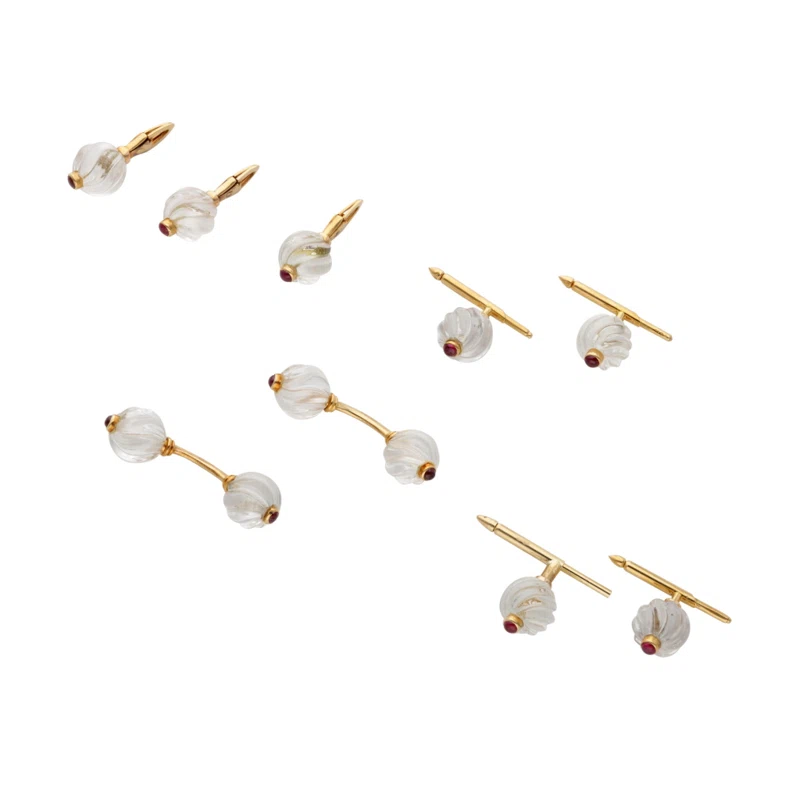 Vintage Gold, Rock Crystal and Ruby Cufflink and Shirt Stud Set