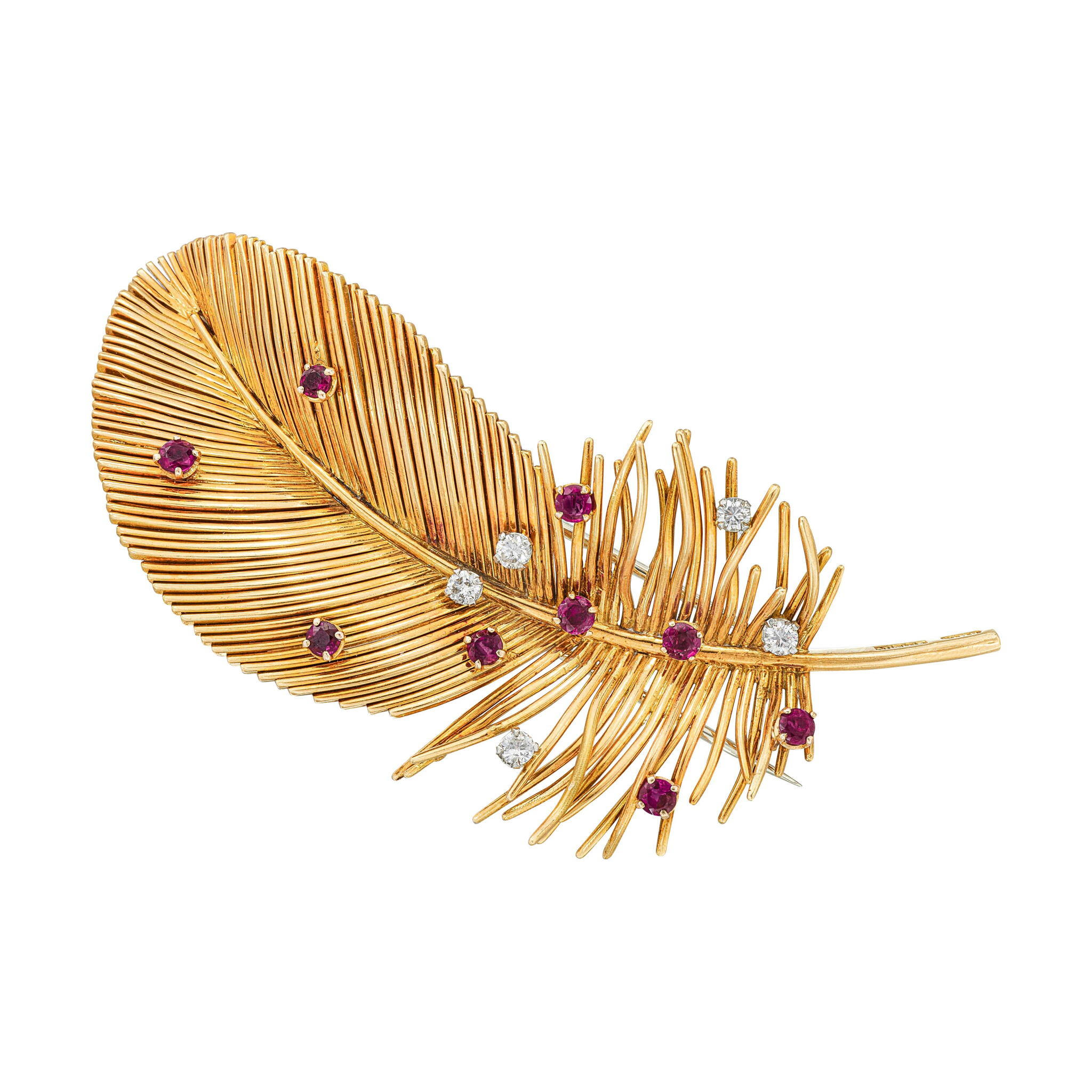Vintage Gold, Ruby and Diamond Feather Brooch — view 1