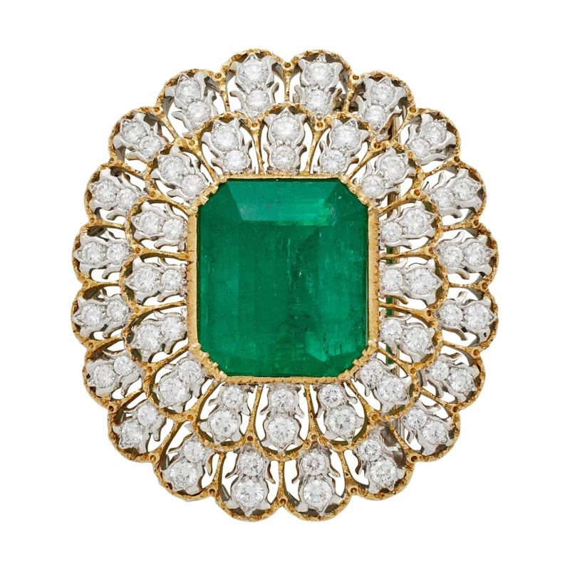 Vintage Gold, White Gold, 18.00ct Afghanistan Emerald and Diamond Brooch Pendant