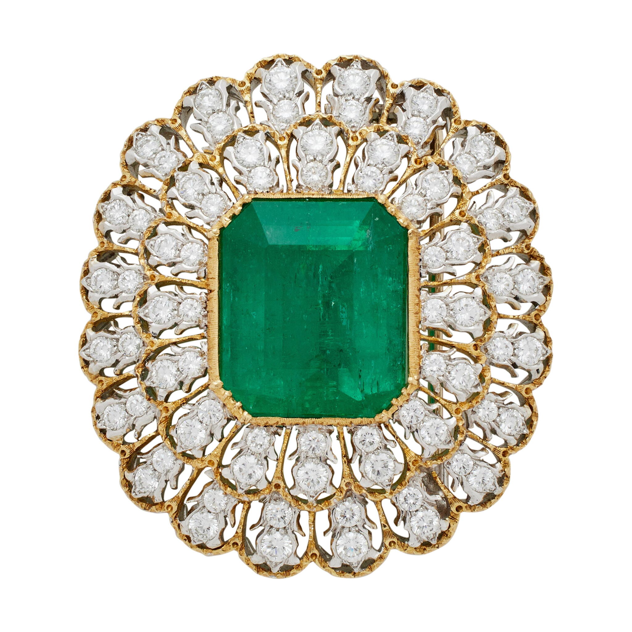 Vintage Gold, White Gold, 18.00ct Afghanistan Emerald and Diamond Brooch Pendant — view 1