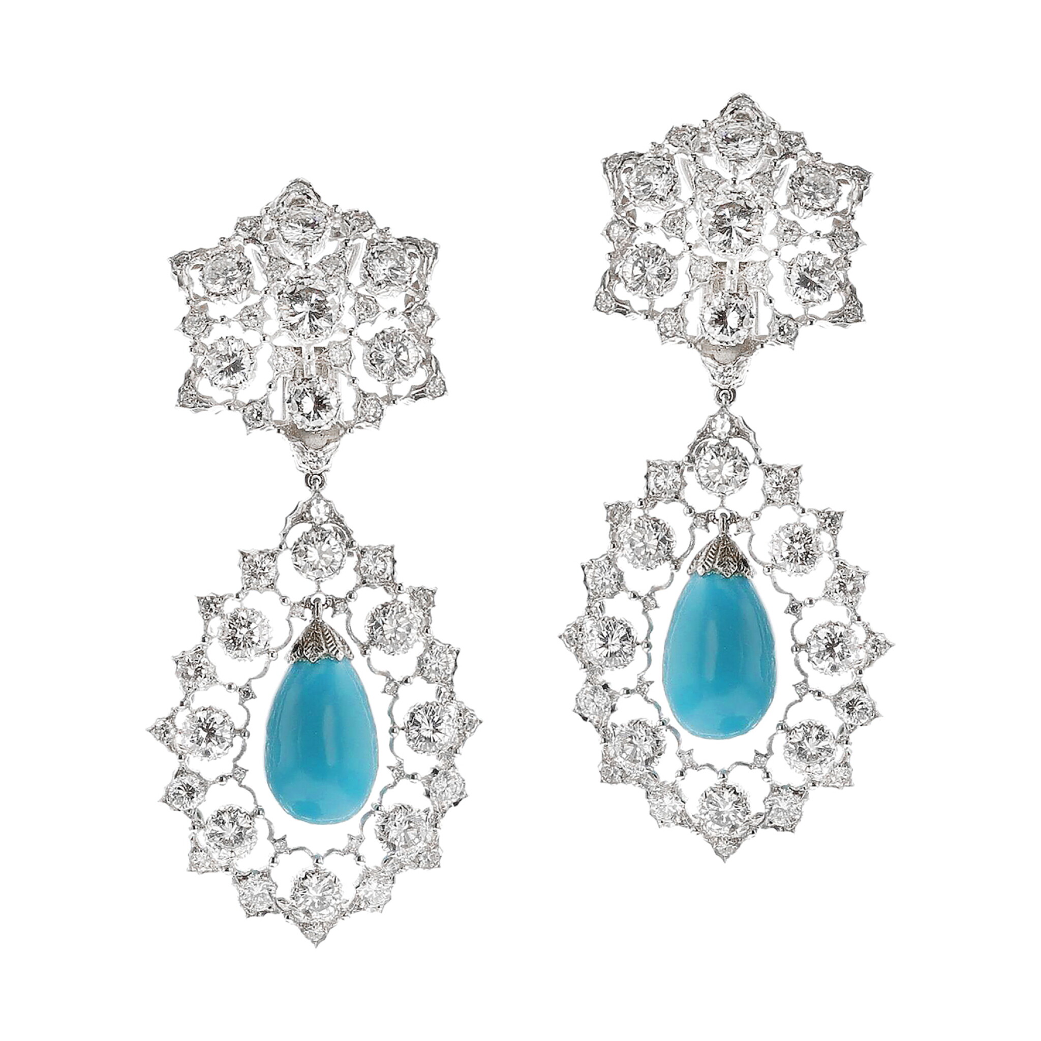 White Gold, Turquoise and Diamond Drop Earrings — view 1