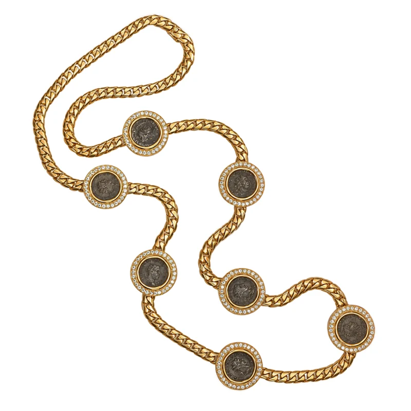 Gold, 7 Ancient Coins and Diamond Monete Necklace