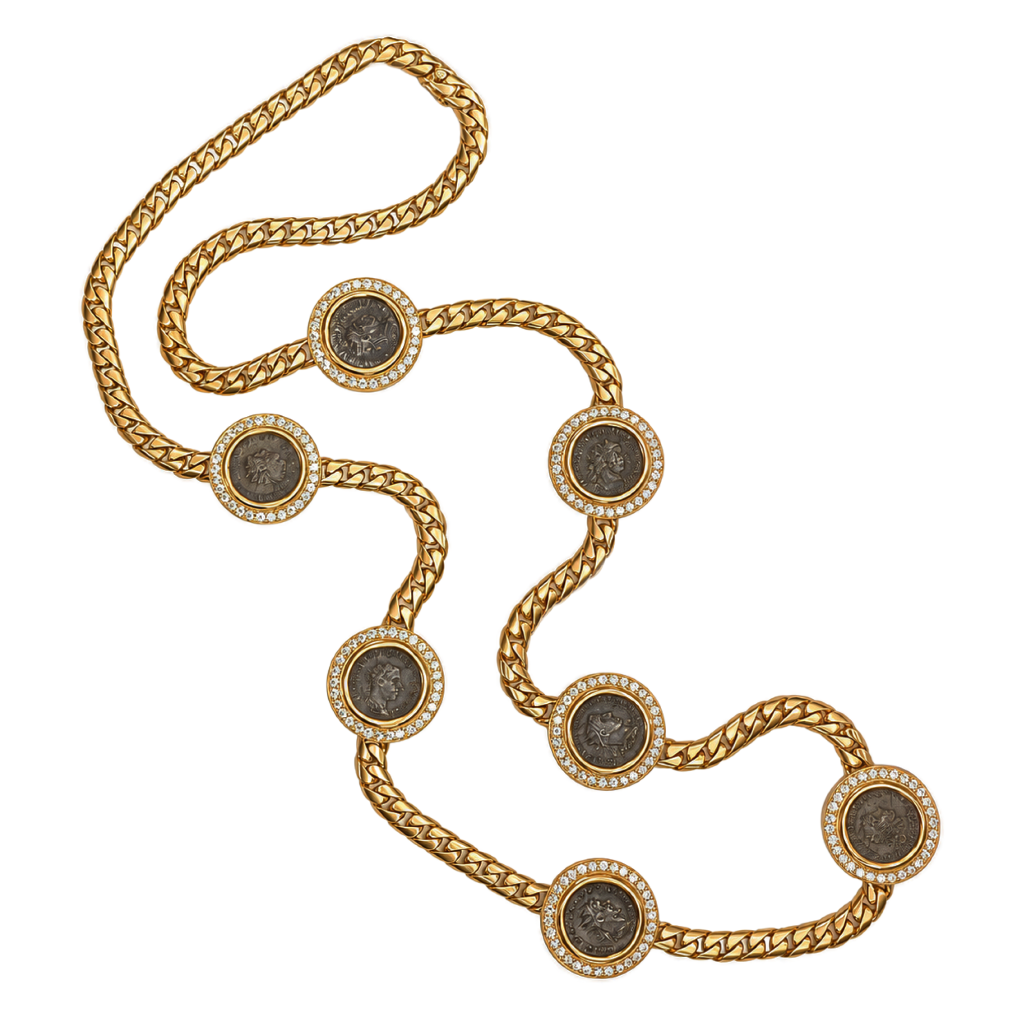 Gold, 7 Ancient Coins and Diamond Monete Necklace — view 1