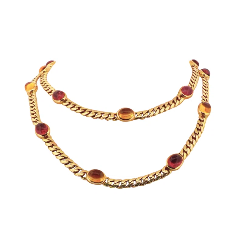 Gold, Citrine and Pink Tourmaline Sautoir Necklace 