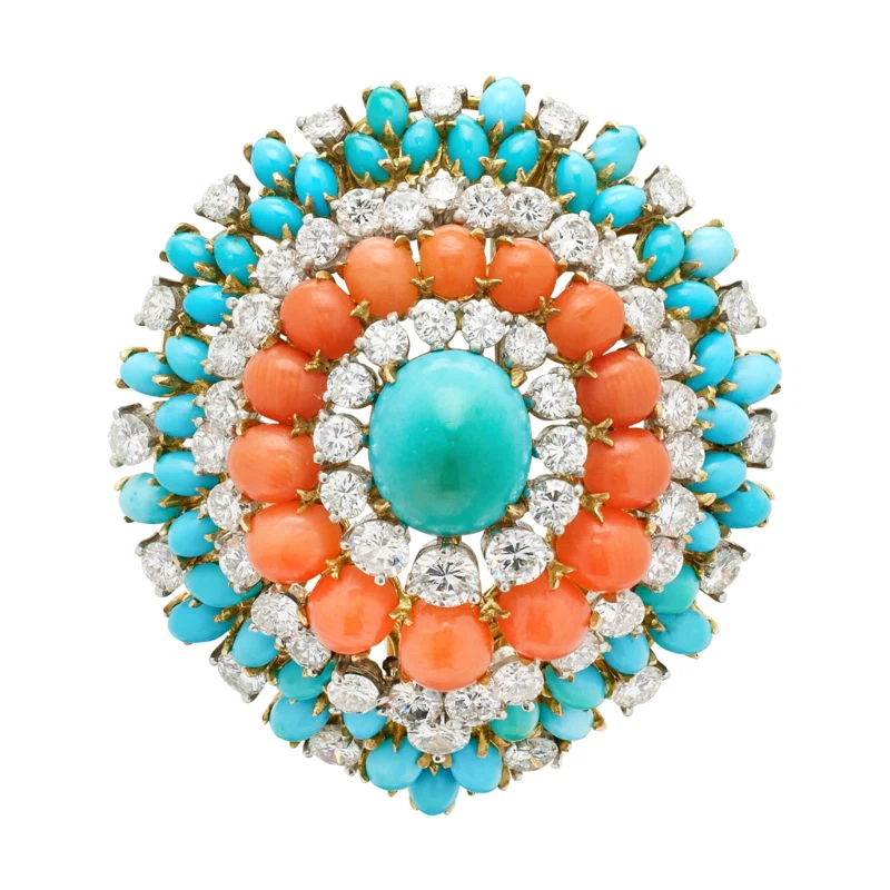 Vintage Gold, Platinum, Coral, Turquoise and Diamond Convertible Pendant Brooch
