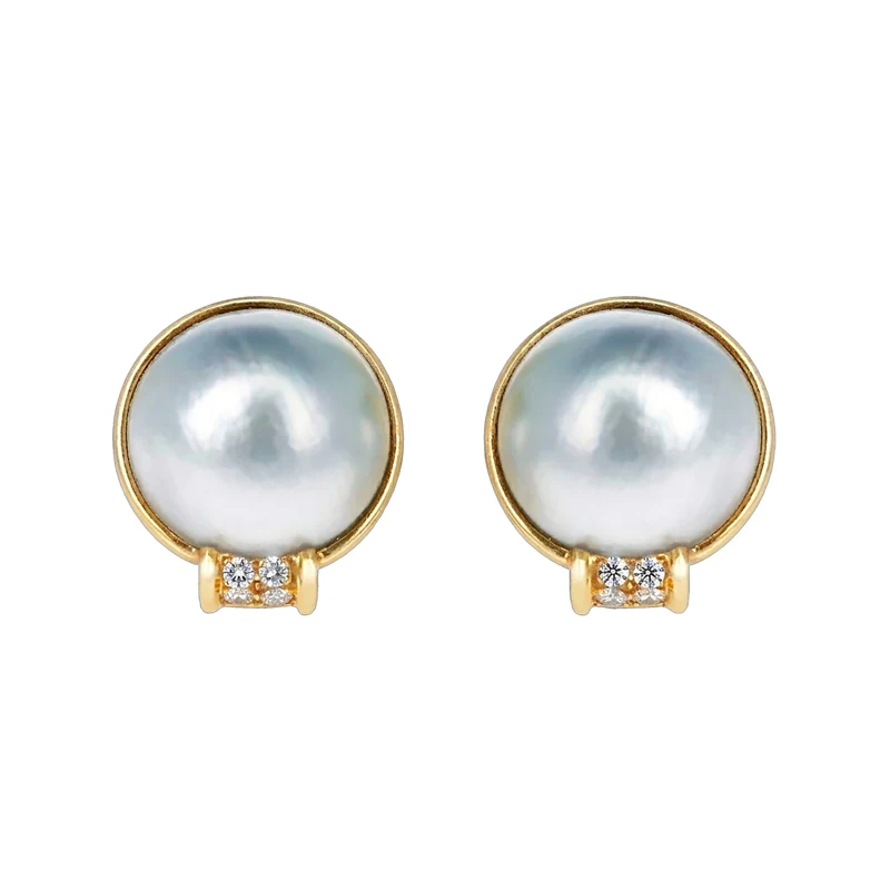 Gold, Mabé Pearl and Diamond Earclips