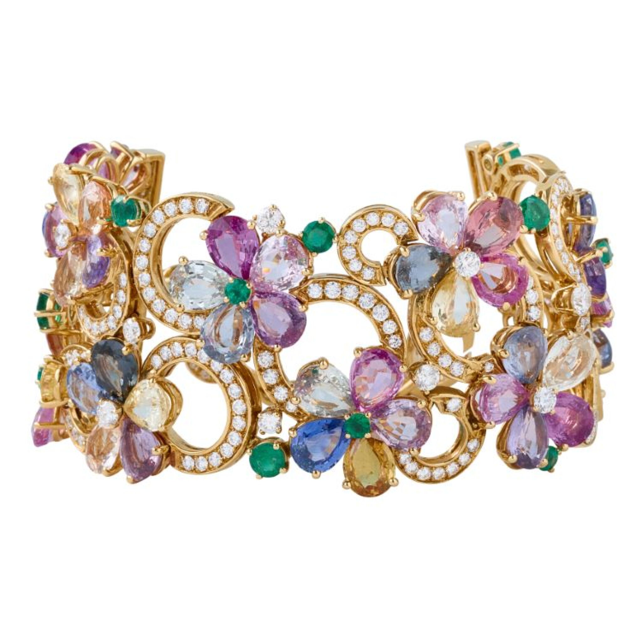 Gold, Multi Color Sapphires and diamond 'Sapphire Flower' Bracelet — view 1
