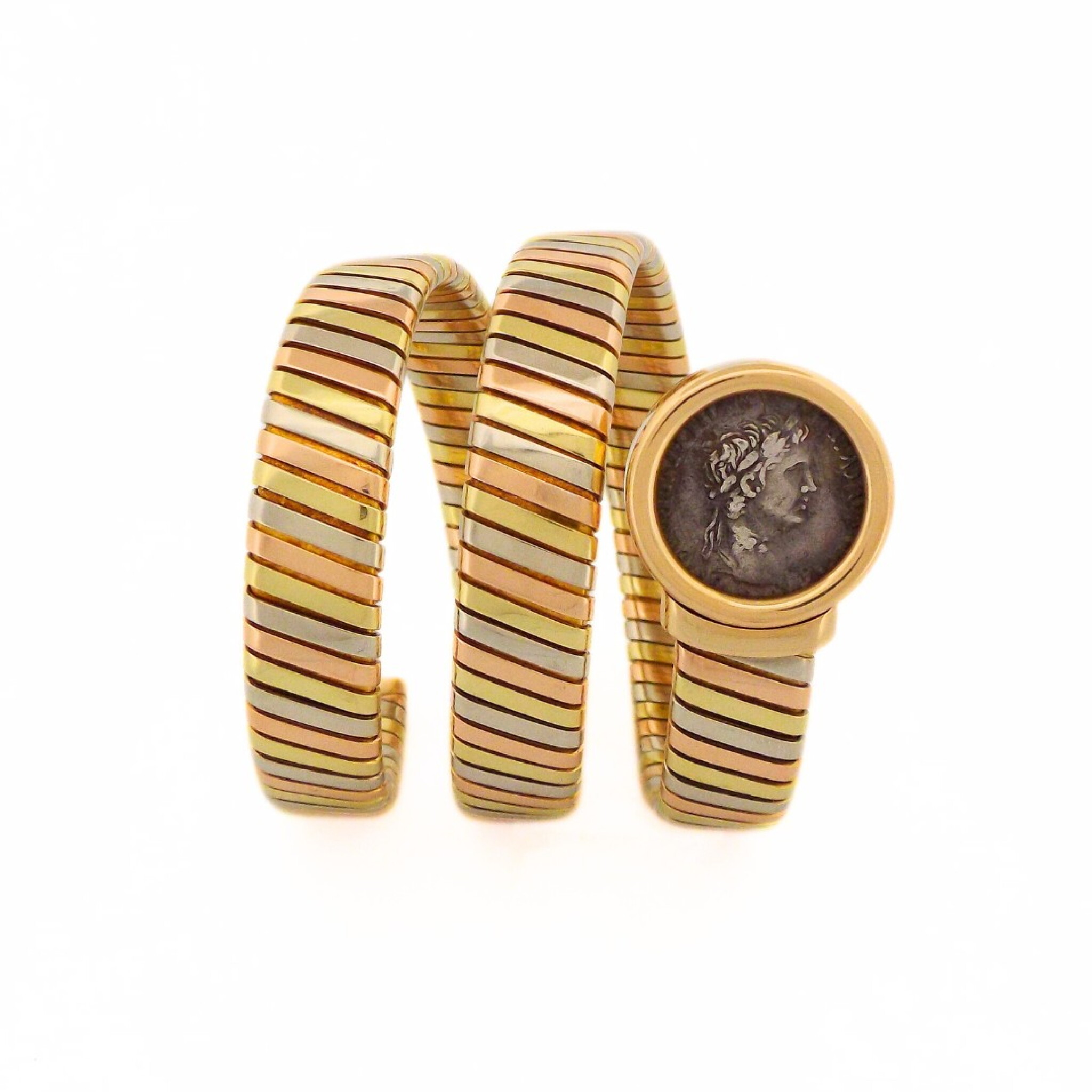 Gold, White Gold, Rose Gold and Ancient Coin Monete Three Row Tubogas Bracelet — view 1
