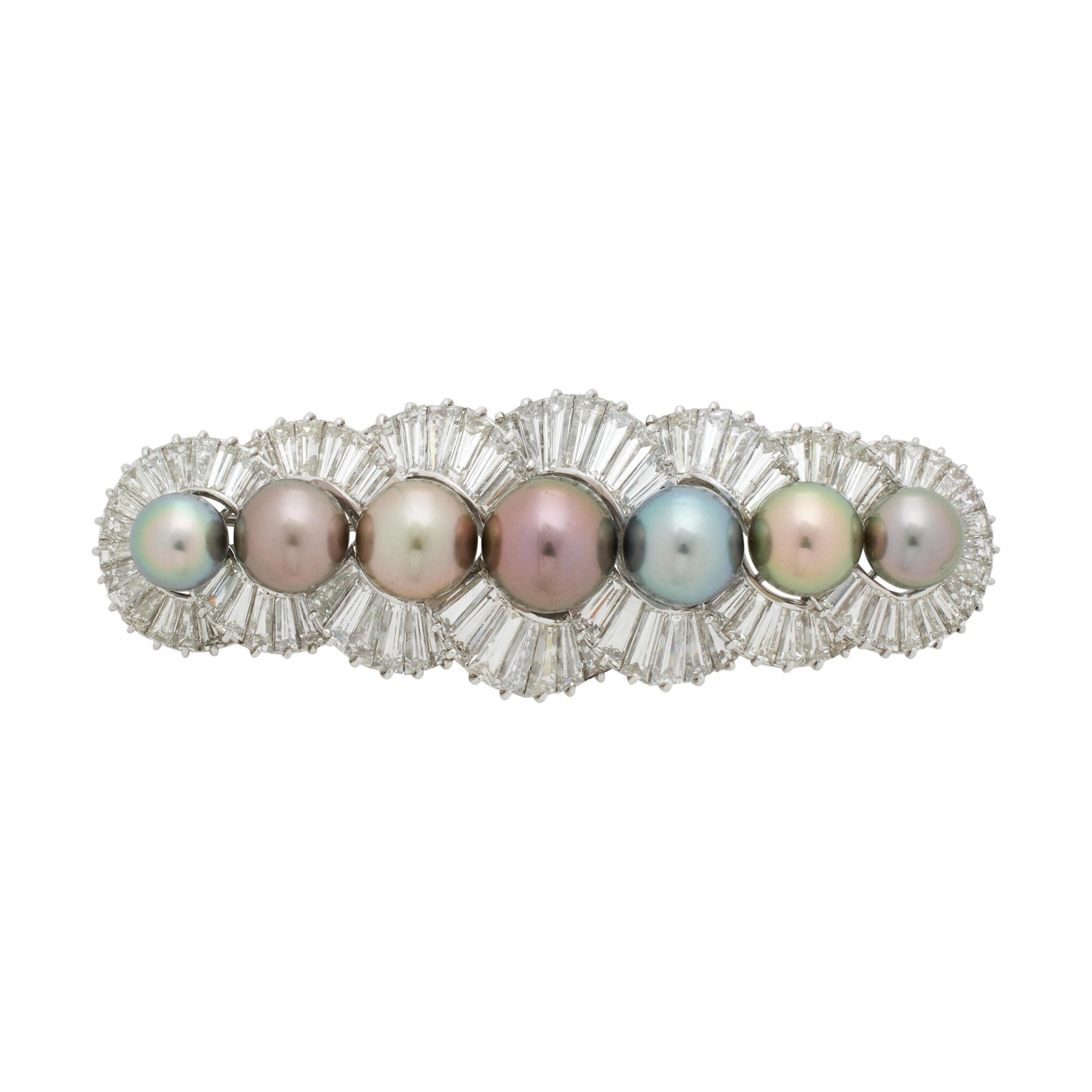 Platinum, Cultured Pearl and Diamond Brooch — view 1