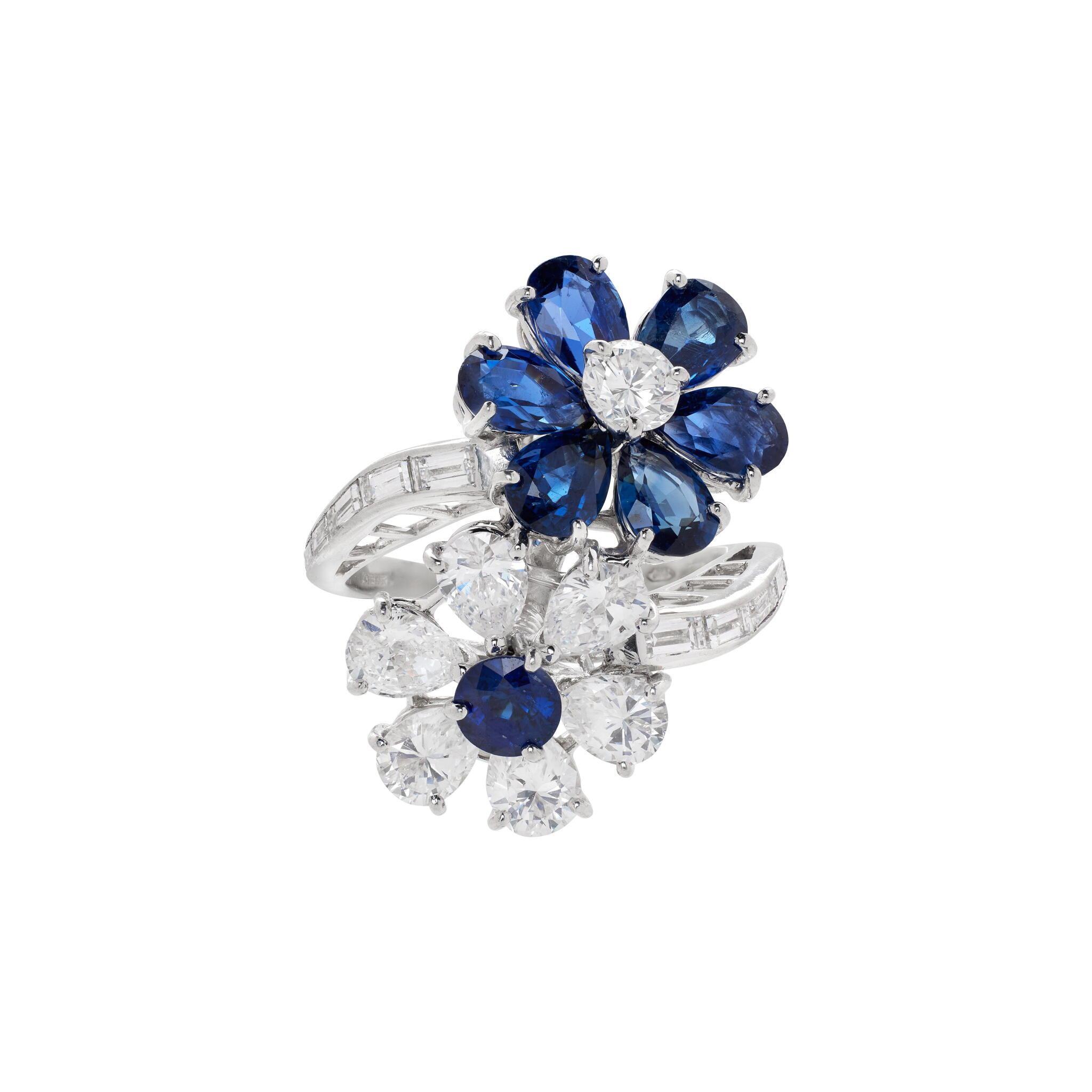 Platinum, Sapphire and Diamond Flower Bypass Ring — view 1