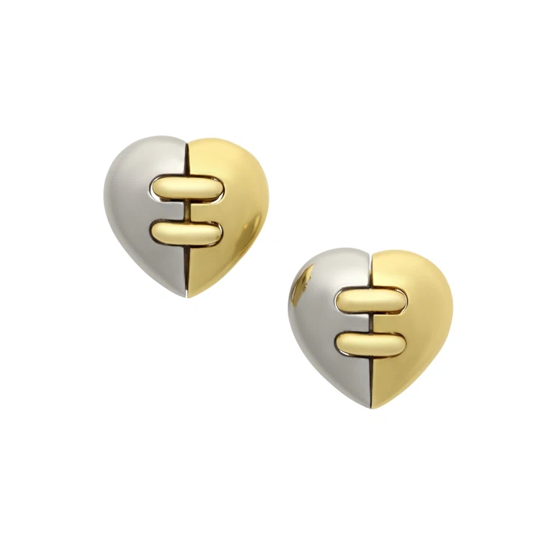 Vintage Gold and Stainless Steel Puffy Heart Earclips
