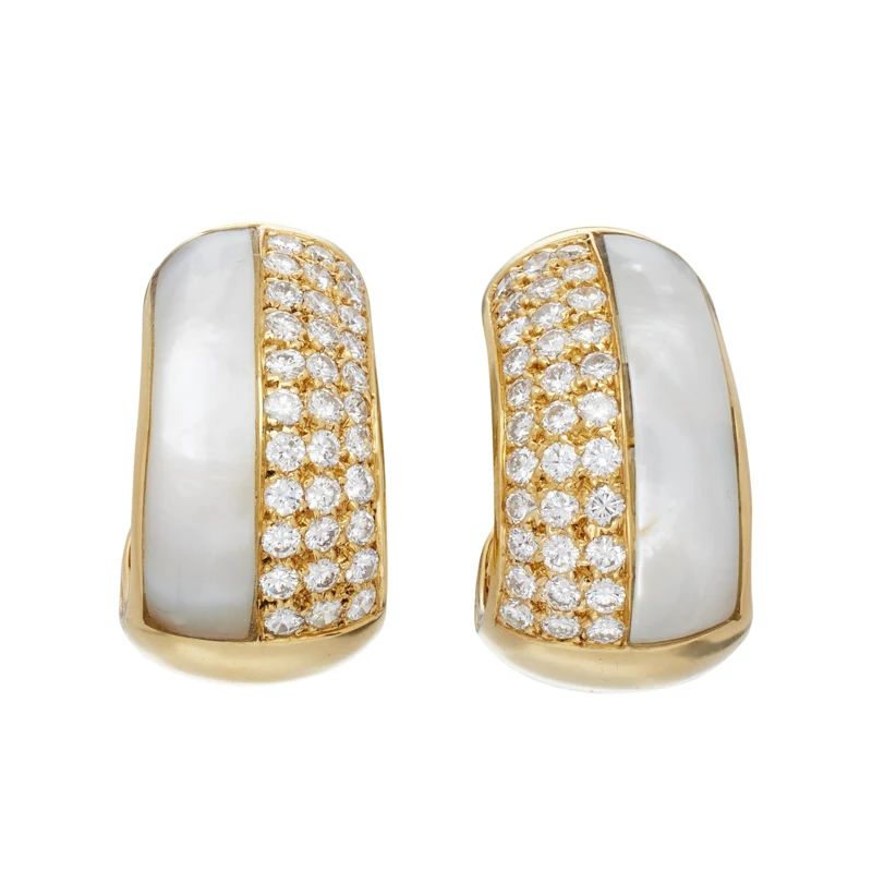 Vintage Gold, Mother of Pearl and Diamond Hoop Earclips