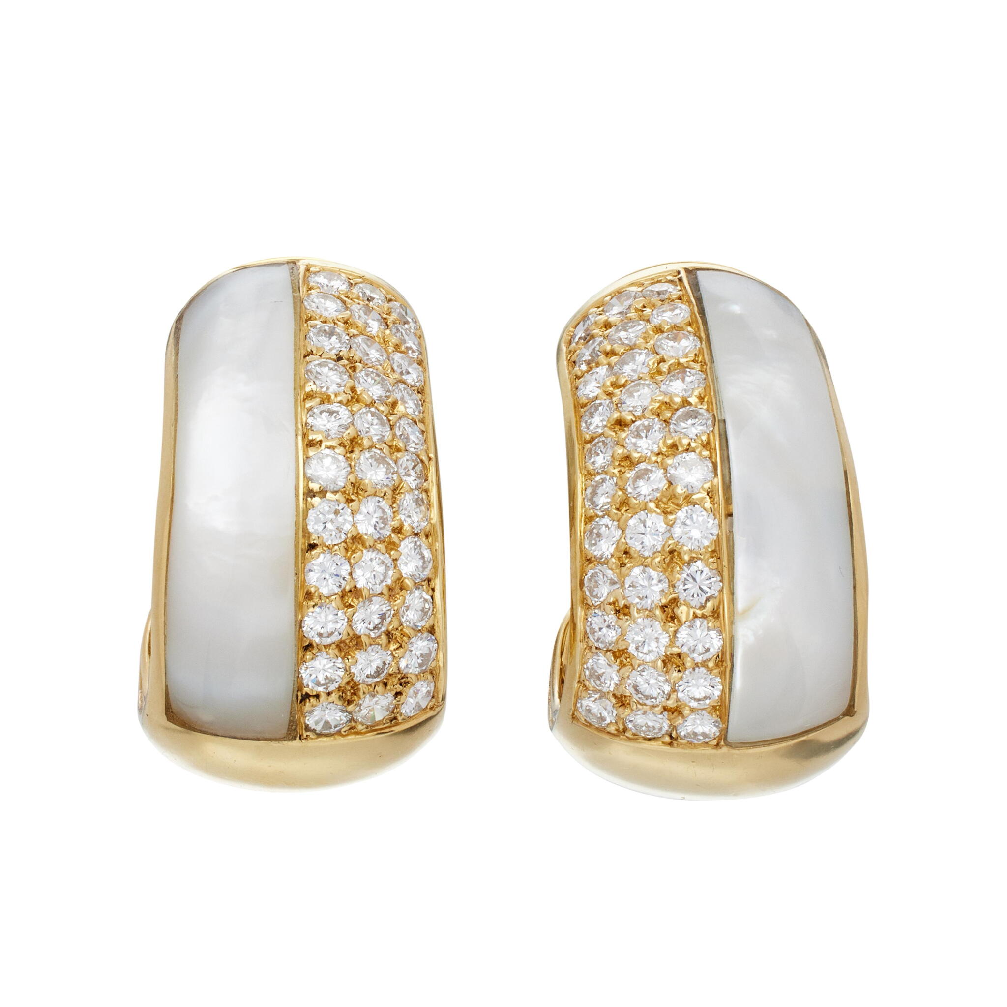 Vintage Gold, Mother of Pearl and Diamond Hoop Earclips — view 1