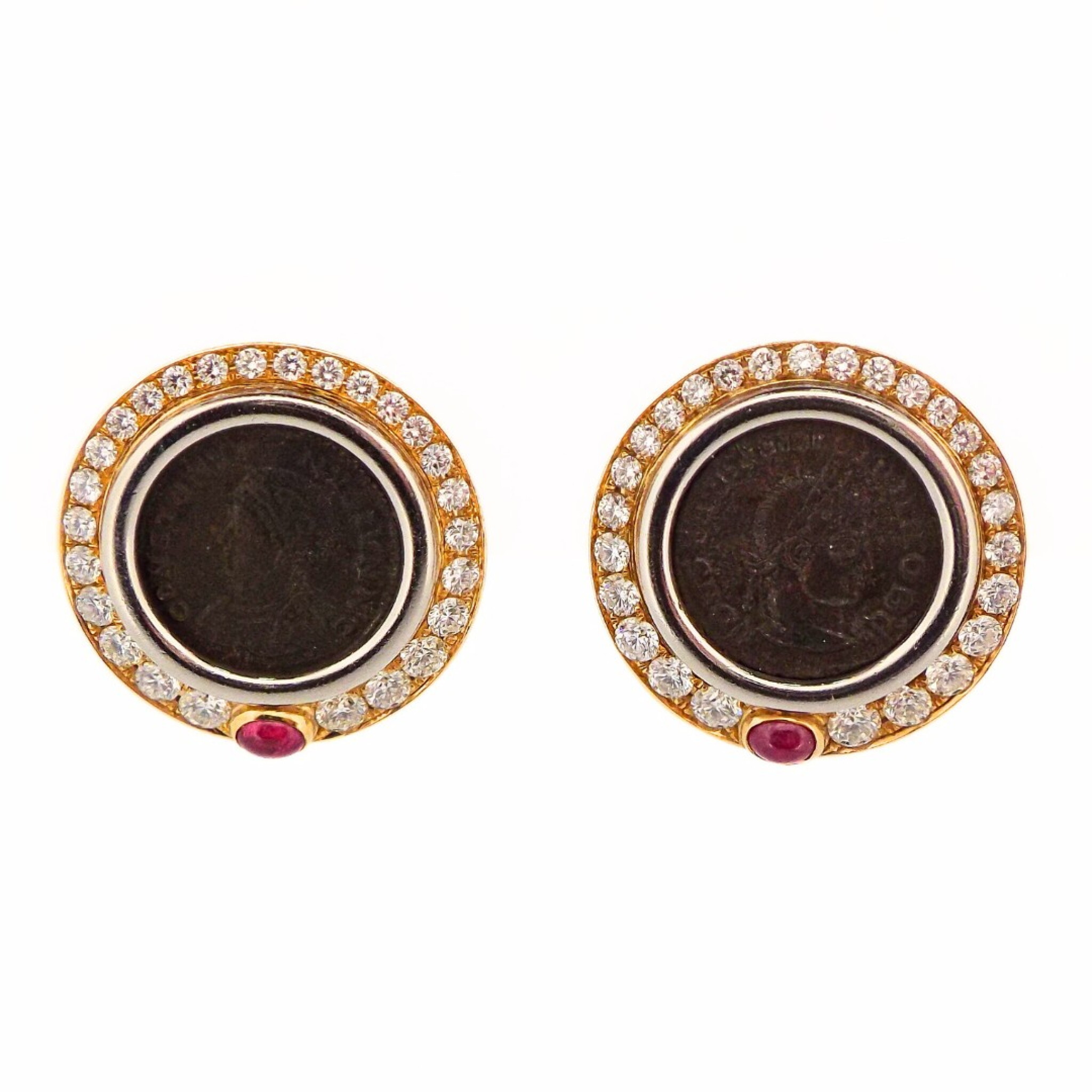 Vintage Gold, Ruby, Diamond and Ancient Coin Monete Earclips — view 1