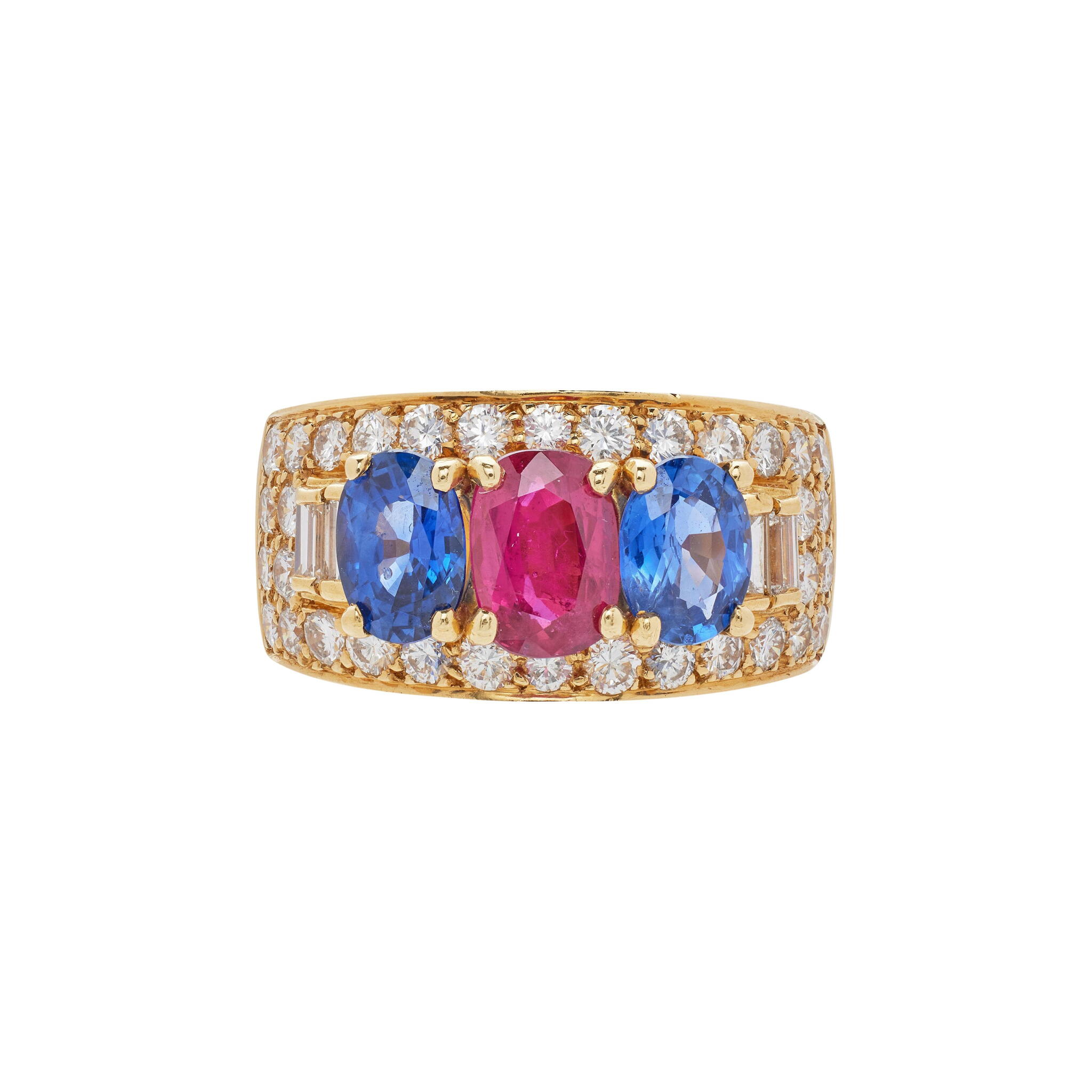 Vintage Gold, Thai Ruby, Madagascar Sapphire and Diamond Ring — view 1