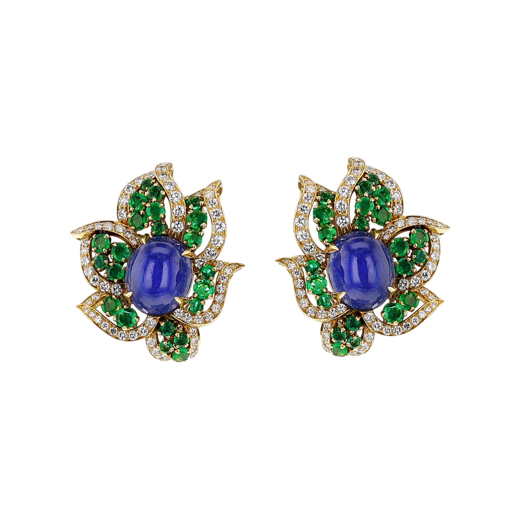 Vintage Gold, Sapphire, Emerald and Diamond Earclips — view 1