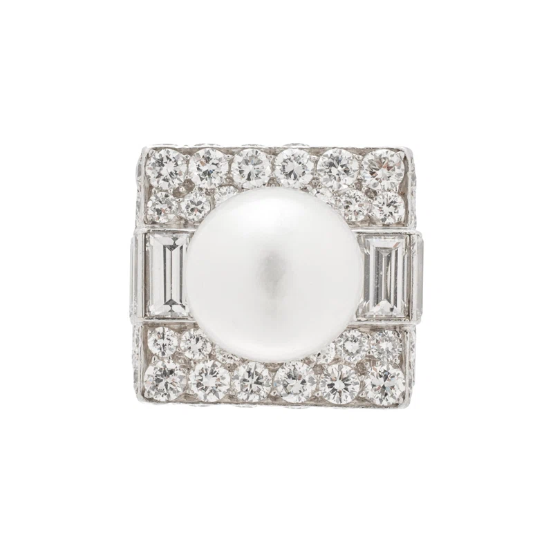 Vintage Platinum, Cultured Pearl and Diamond Trombino Ring