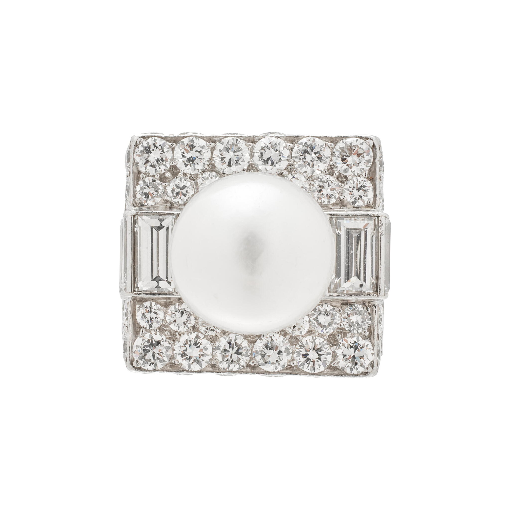 Vintage Platinum, Cultured Pearl and Diamond Trombino Ring — view 1