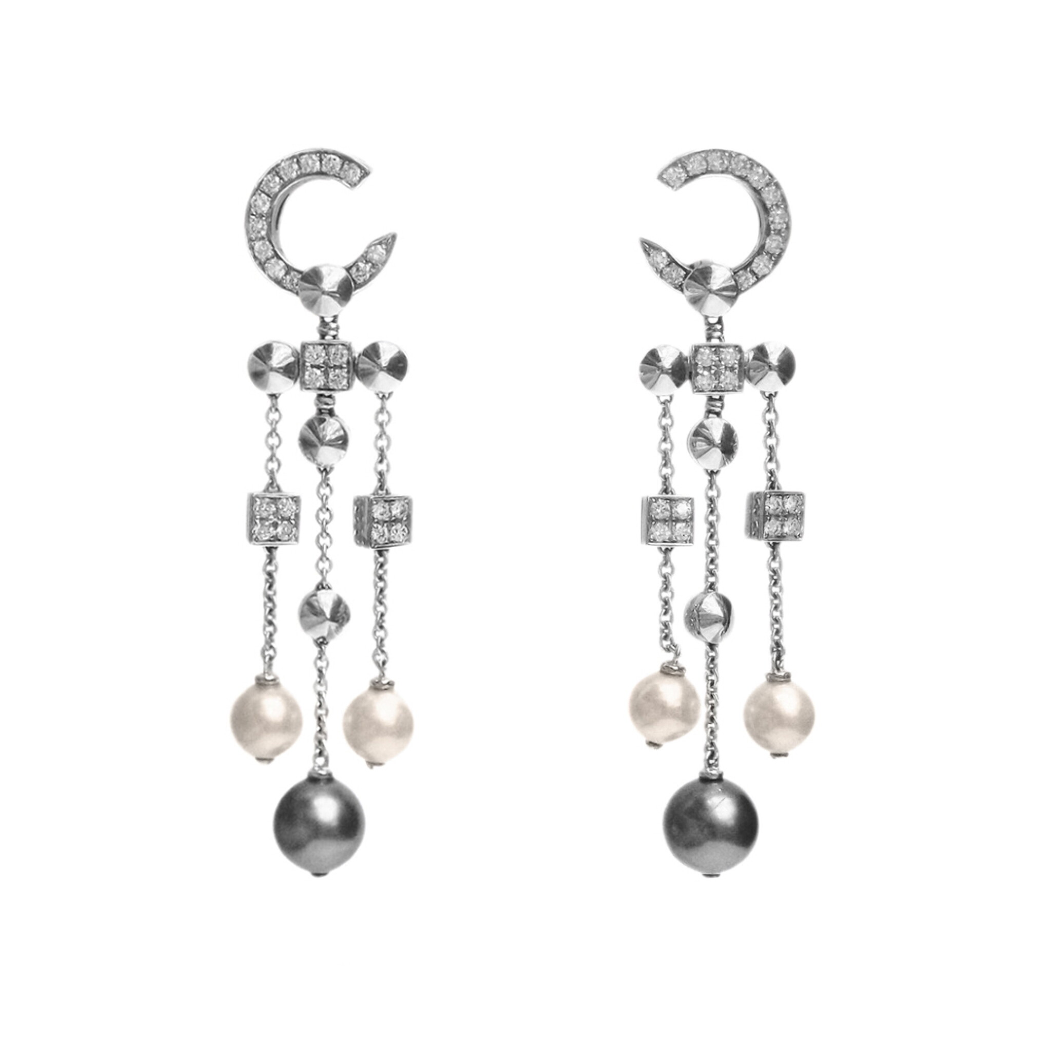 White Gold, Cultured Pearl and Diamond Lucea Drop Earrings — view 1