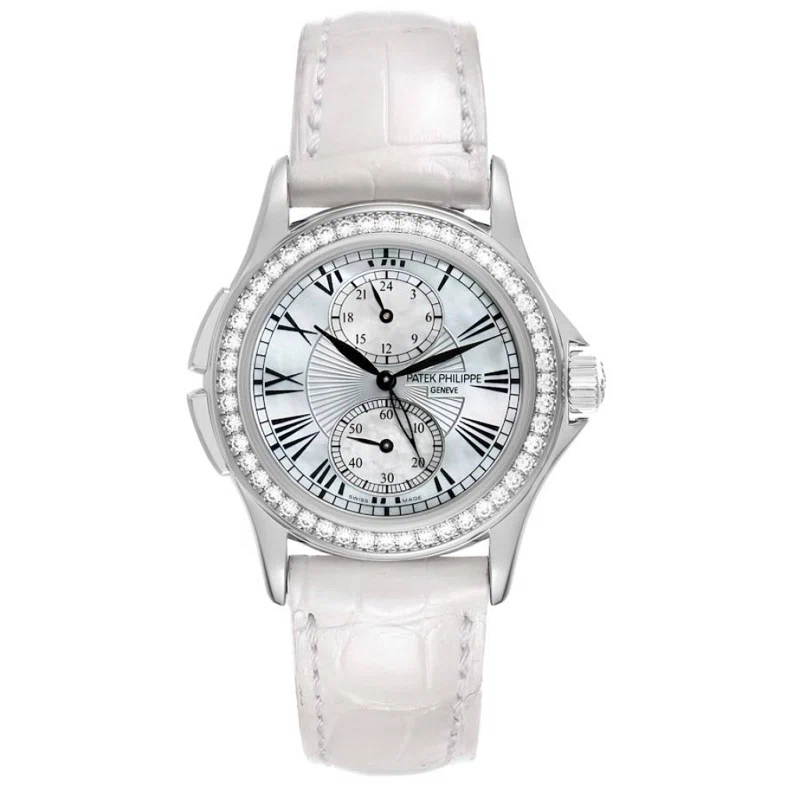 Calatrava Travel Time (Reference 4934G-001). A 35mm white gold diamond-set manual wind wristwatch with dual time.