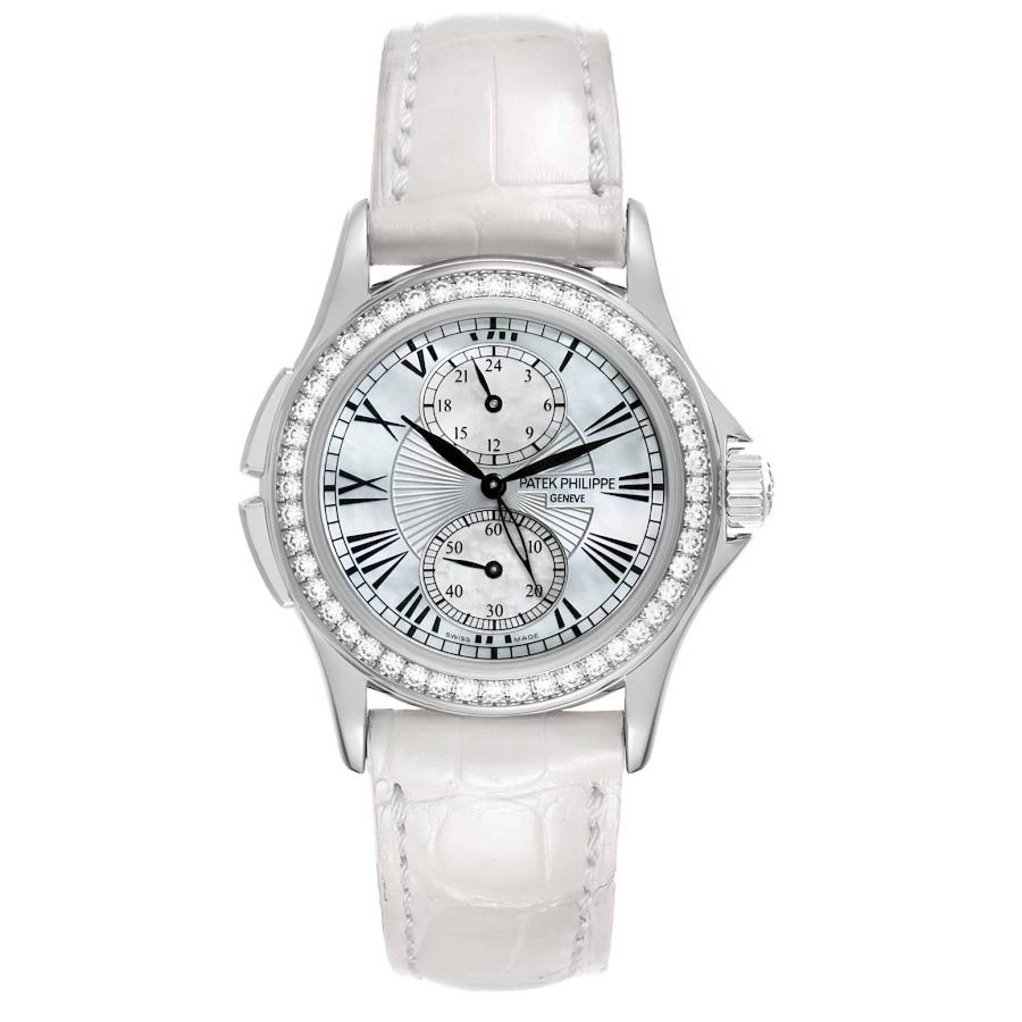 Calatrava Travel Time (Reference 4934G-001). A 35mm white gold diamond-set manual wind wristwatch with dual time. — view 1