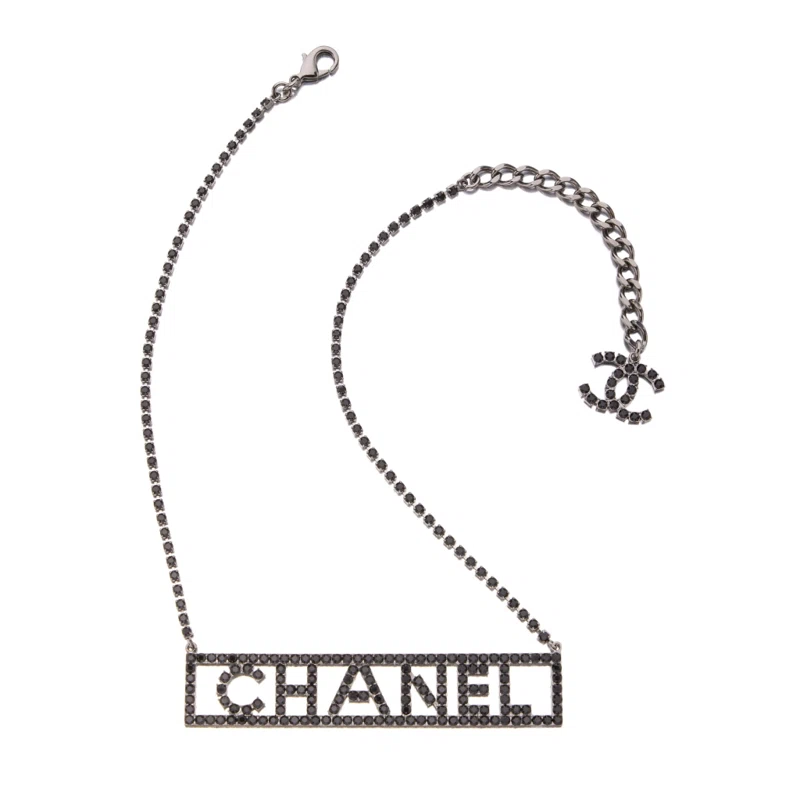 Black Strass and Ruthenium Metal Logo Necklace, 2018