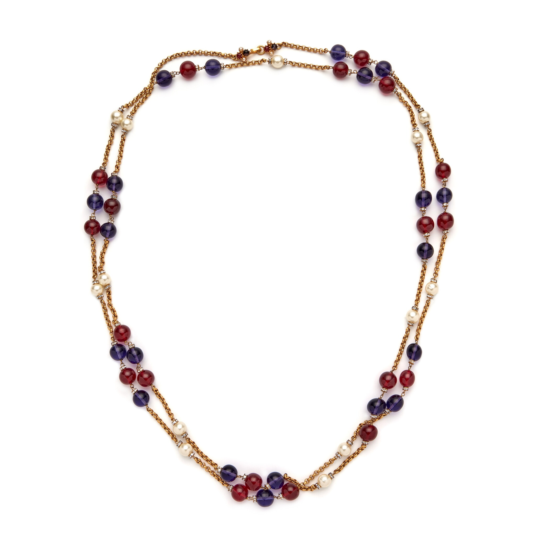 Gold Metal Imitation Pearl, Purple and Red Gripoix, and Strass Necklace, 1993 — view 1