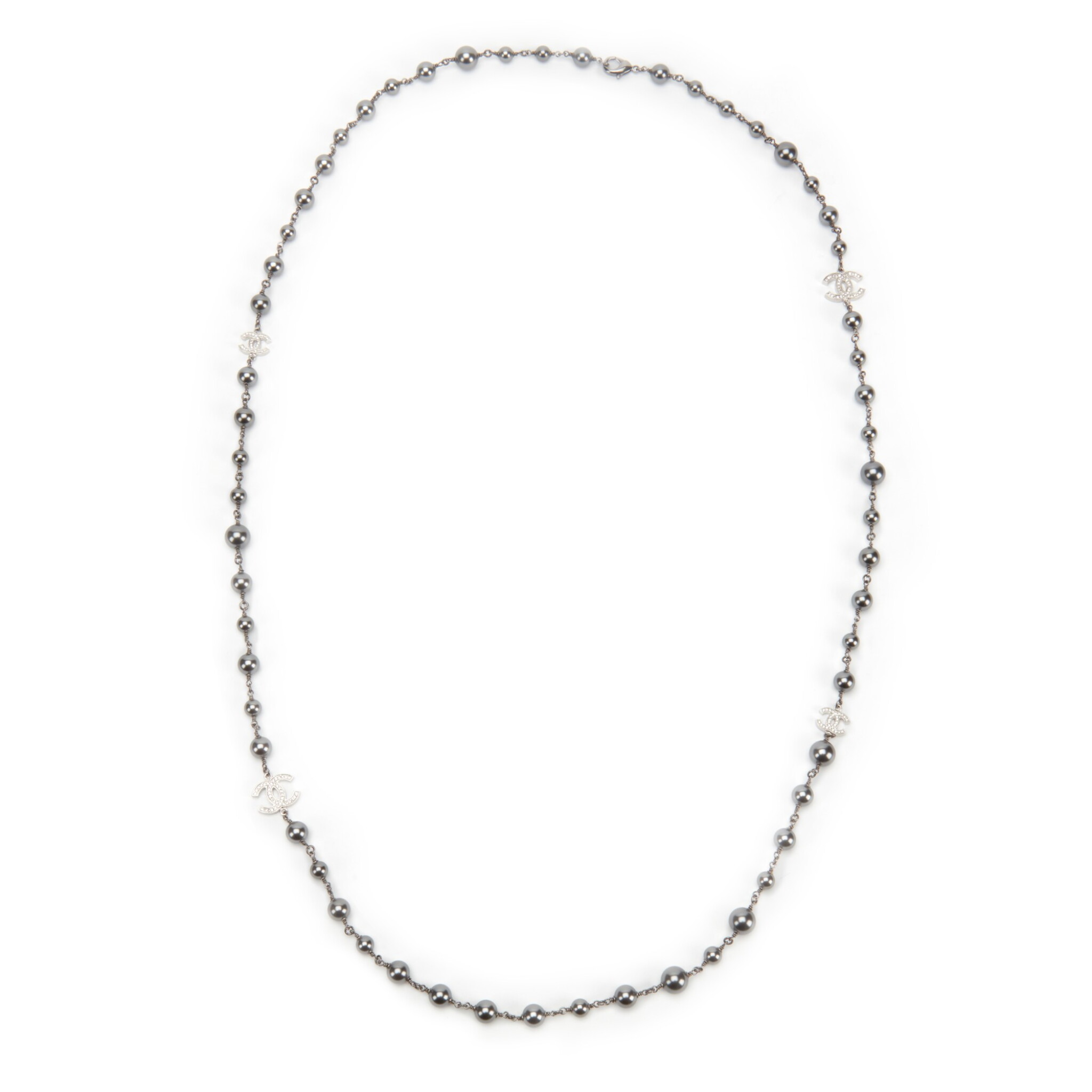 Gray Imitation Pearl, Strass and Ruthenium CC Necklace — view 1