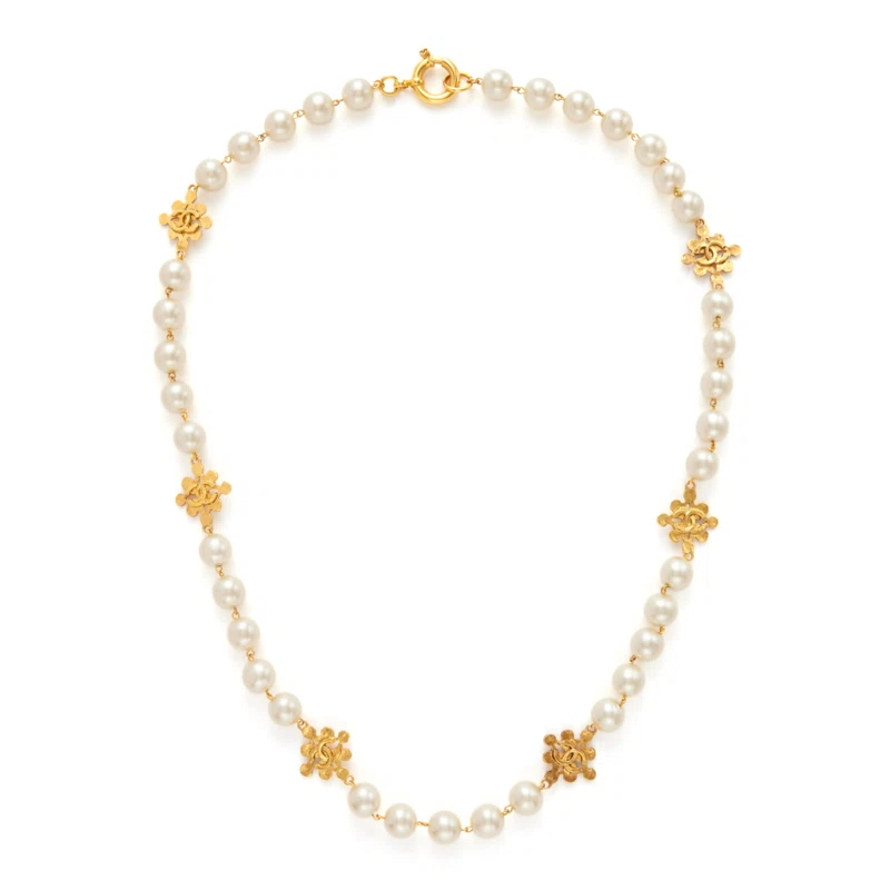 Imitation Pearl and Gold Metal CC Necklace, 1994